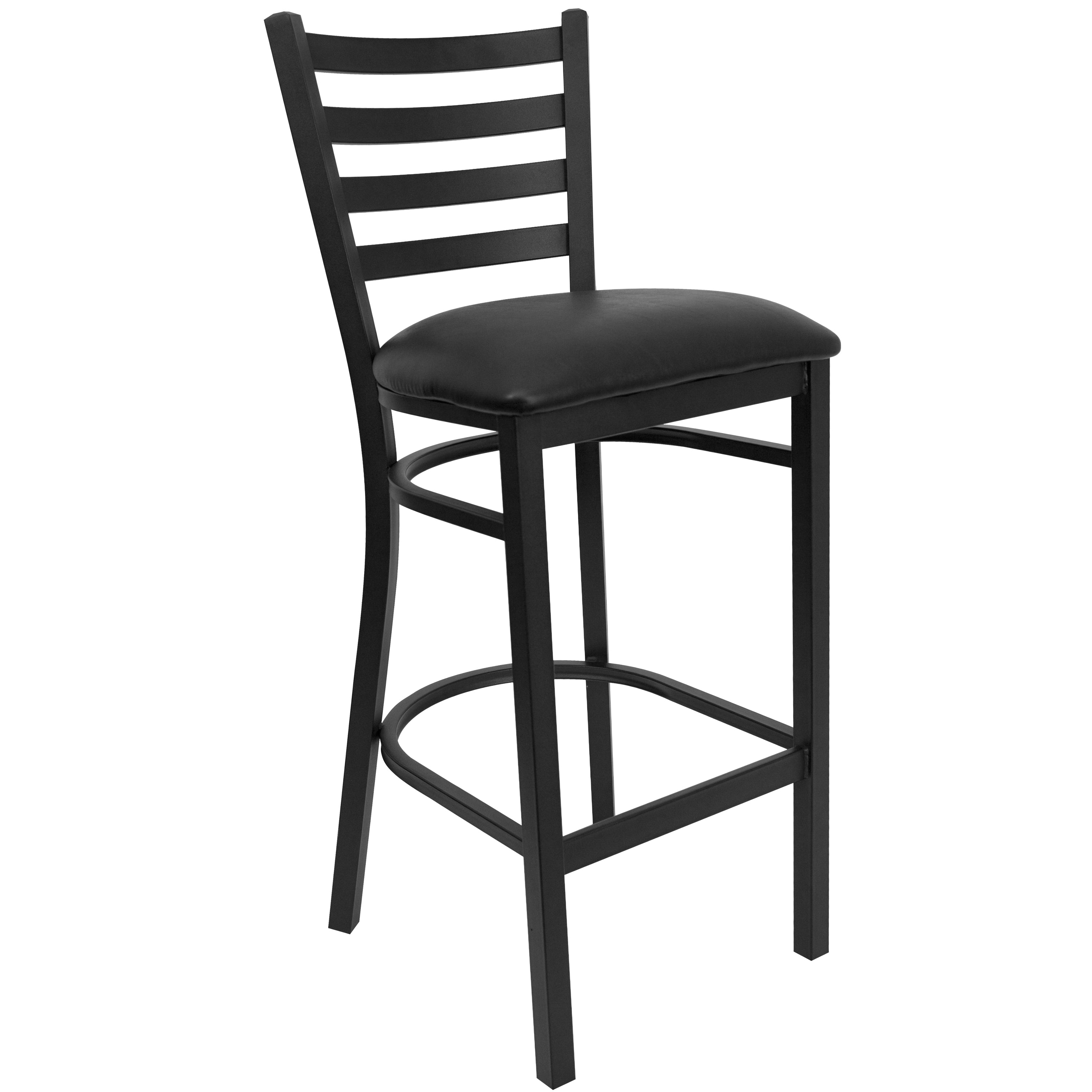 Clark 36'' Round Walnut Laminate Table Set with 4 Ladder Back Metal Barstools - Black Vinyl Seat