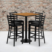 Clark 30'' Square Natural Laminate Table Set with 4 Ladder Back Metal Barstools - Black Vinyl Seat