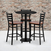 Clark 30'' Round Black Laminate Table Set with 3 Ladder Back Metal Barstools - Cherry Wood Seat