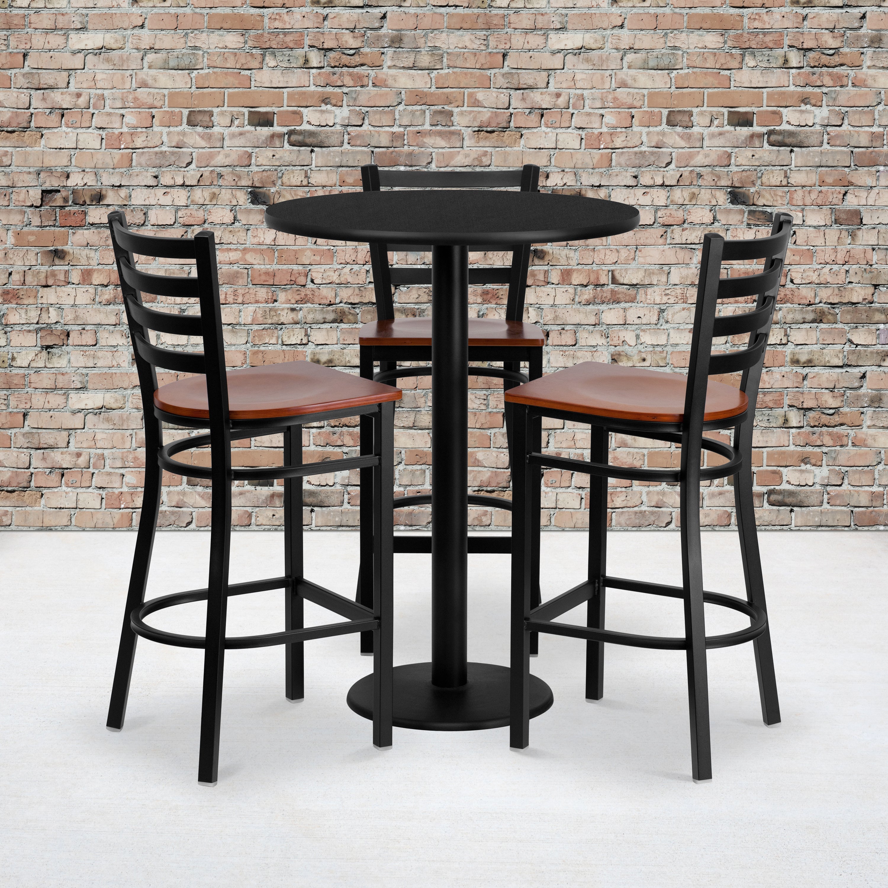 Clark 30'' Round Black Laminate Table Set with 3 Ladder Back Metal Barstools - Cherry Wood Seat