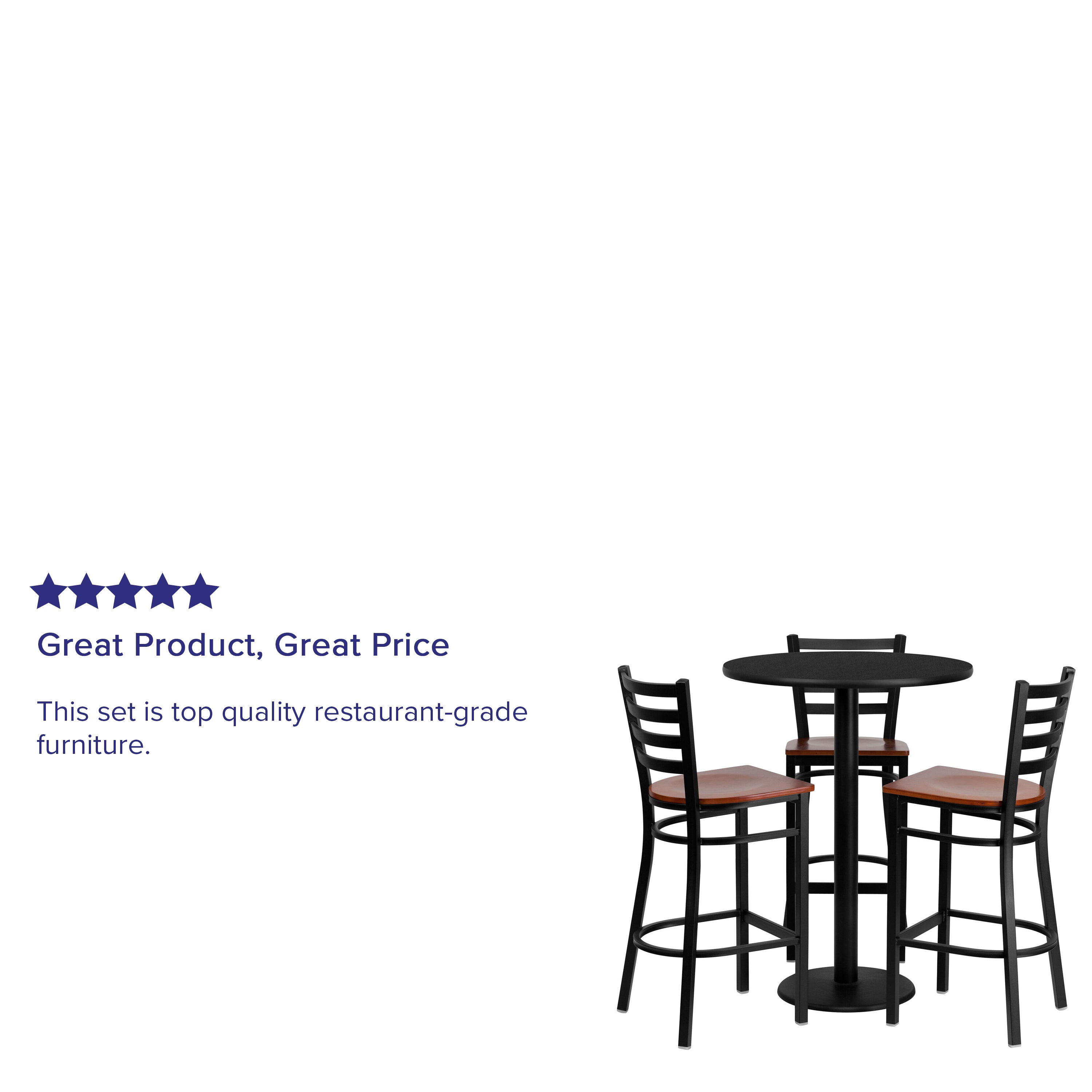 Clark 30'' Round Black Laminate Table Set with 3 Ladder Back Metal Barstools - Cherry Wood Seat
