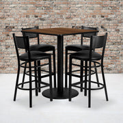 Clark 36'' Square Walnut Laminate Table Set with 4 Grid Back Metal Barstools - Black Vinyl Seat