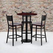Clark 30'' Round Mahogany Laminate Table Set with 3 Grid Back Metal Barstools - Mahogany Wood Seat