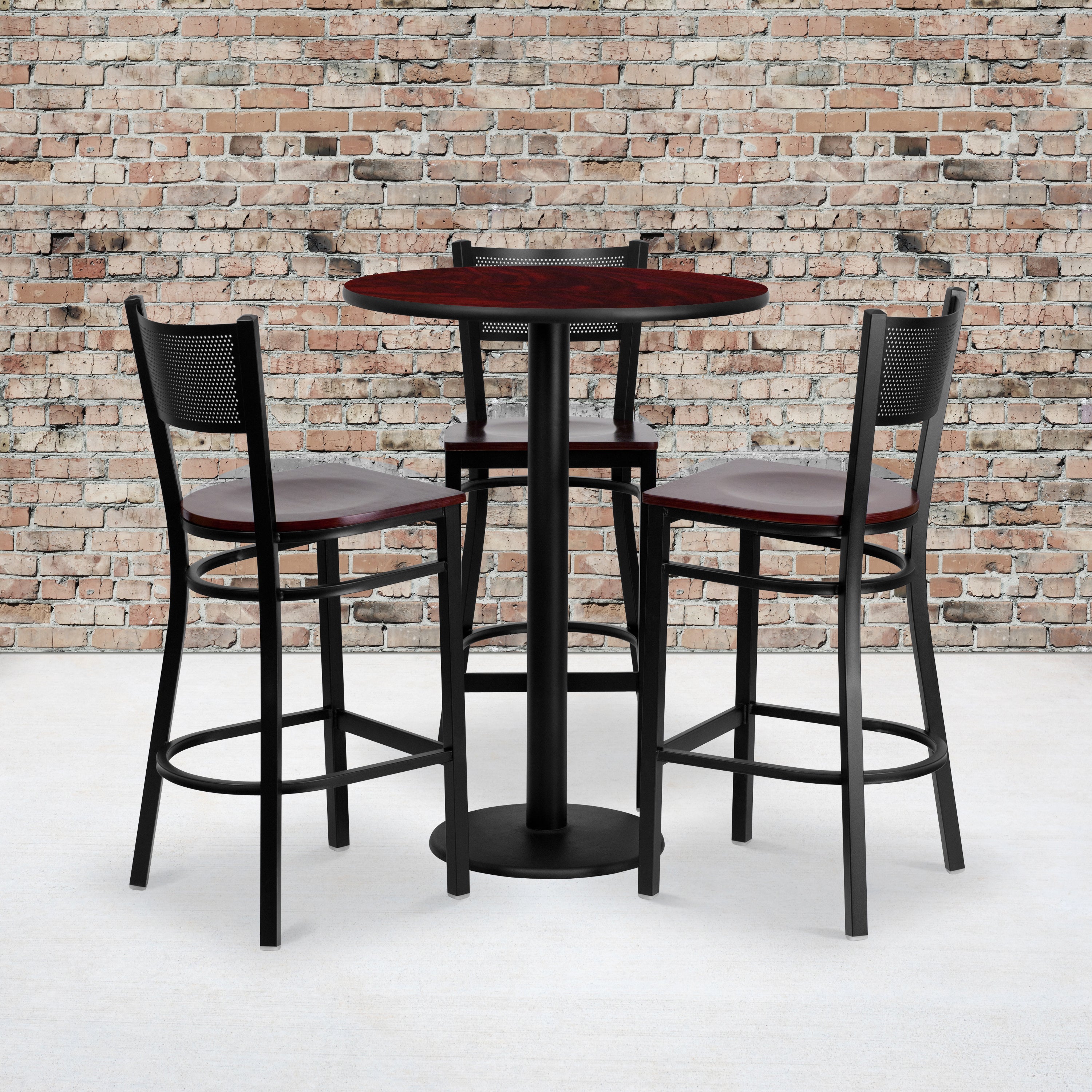 Clark 30'' Round Mahogany Laminate Table Set with 3 Grid Back Metal Barstools - Mahogany Wood Seat
