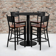 Clark 36'' Round Black Laminate Table Set with 4 Grid Back Metal Barstools - Cherry Wood Seat