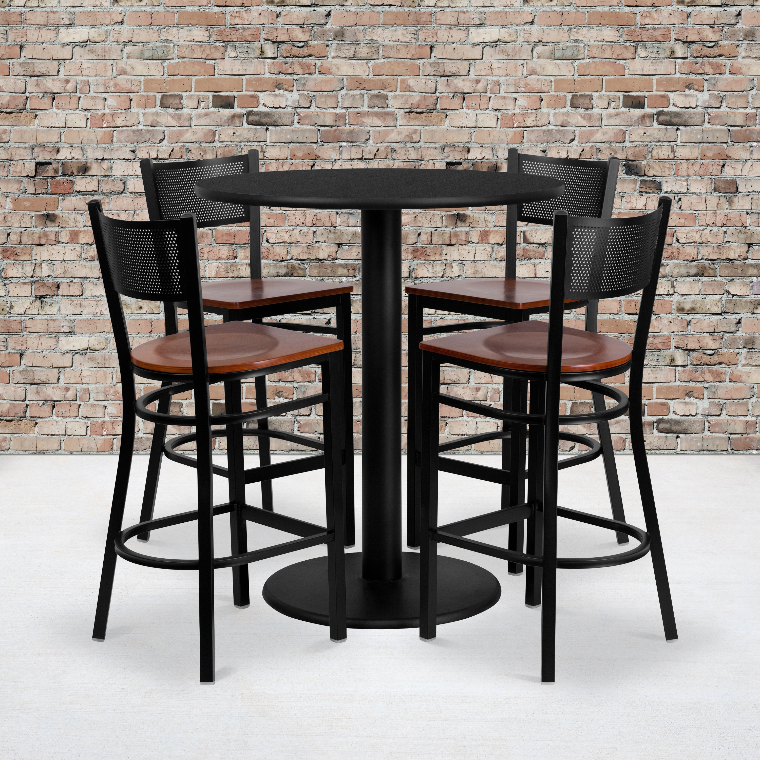 Clark 36'' Round Black Laminate Table Set with 4 Grid Back Metal Barstools - Cherry Wood Seat