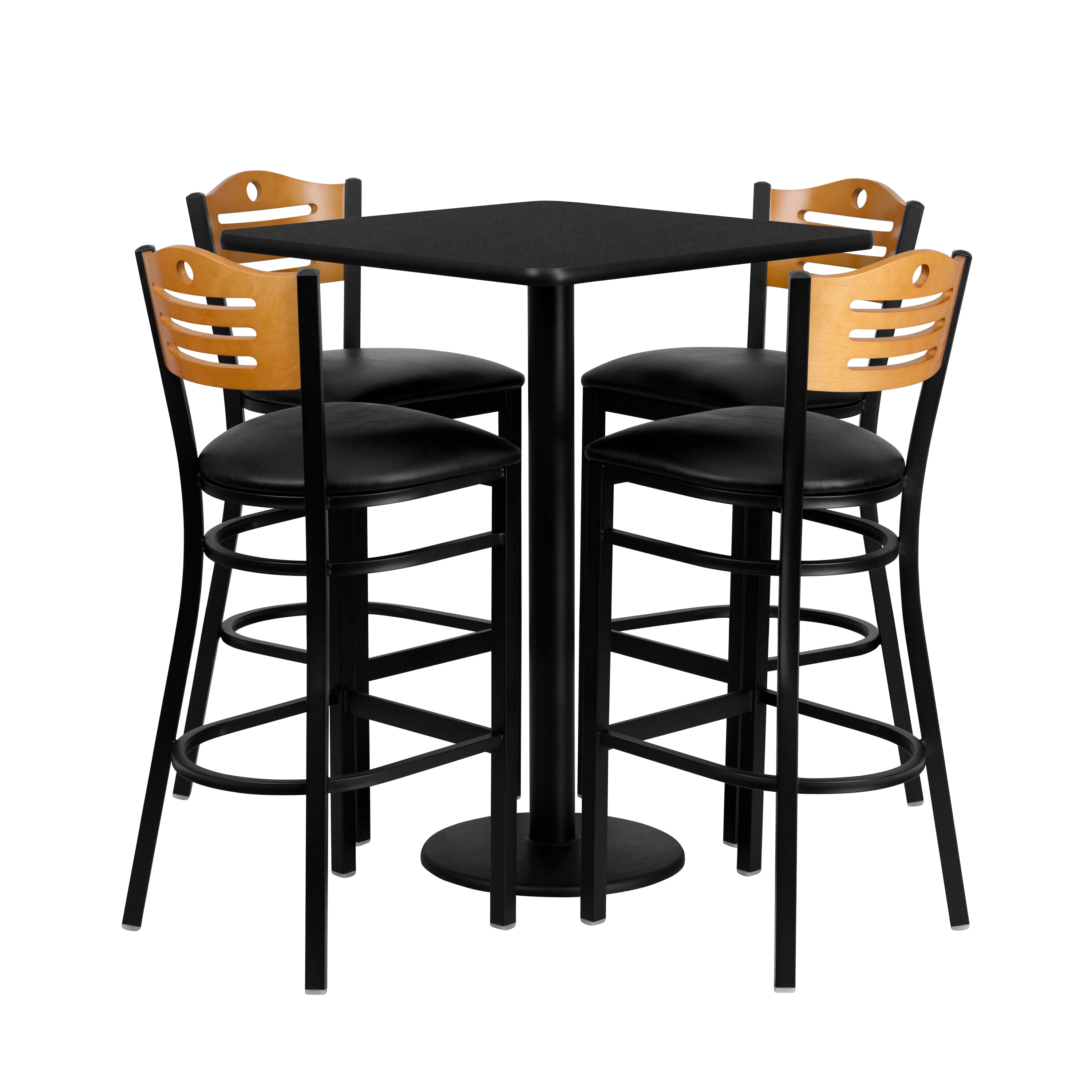 Clark 30'' Square Black Laminate Table Set with 4 Wood Slat Back Metal Barstools - Black Vinyl Seat