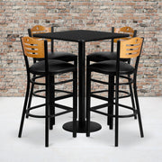 Clark 30'' Square Black Laminate Table Set with 4 Wood Slat Back Metal Barstools - Black Vinyl Seat