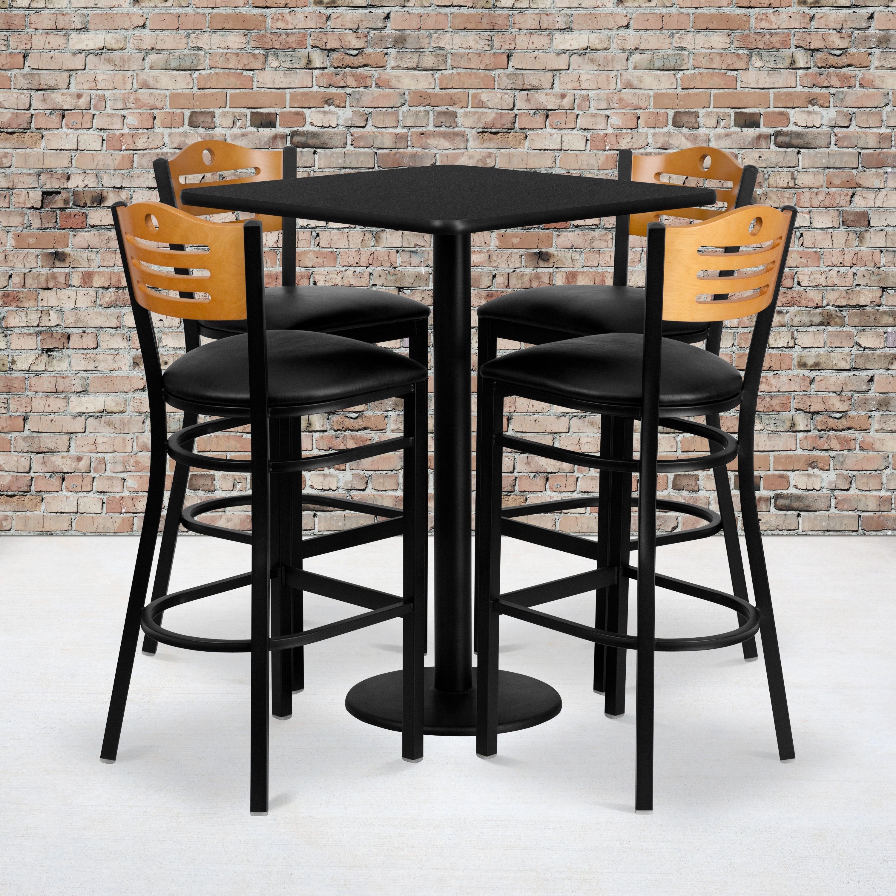 Clark 30'' Square Black Laminate Table Set with 4 Wood Slat Back Metal Barstools - Black Vinyl Seat