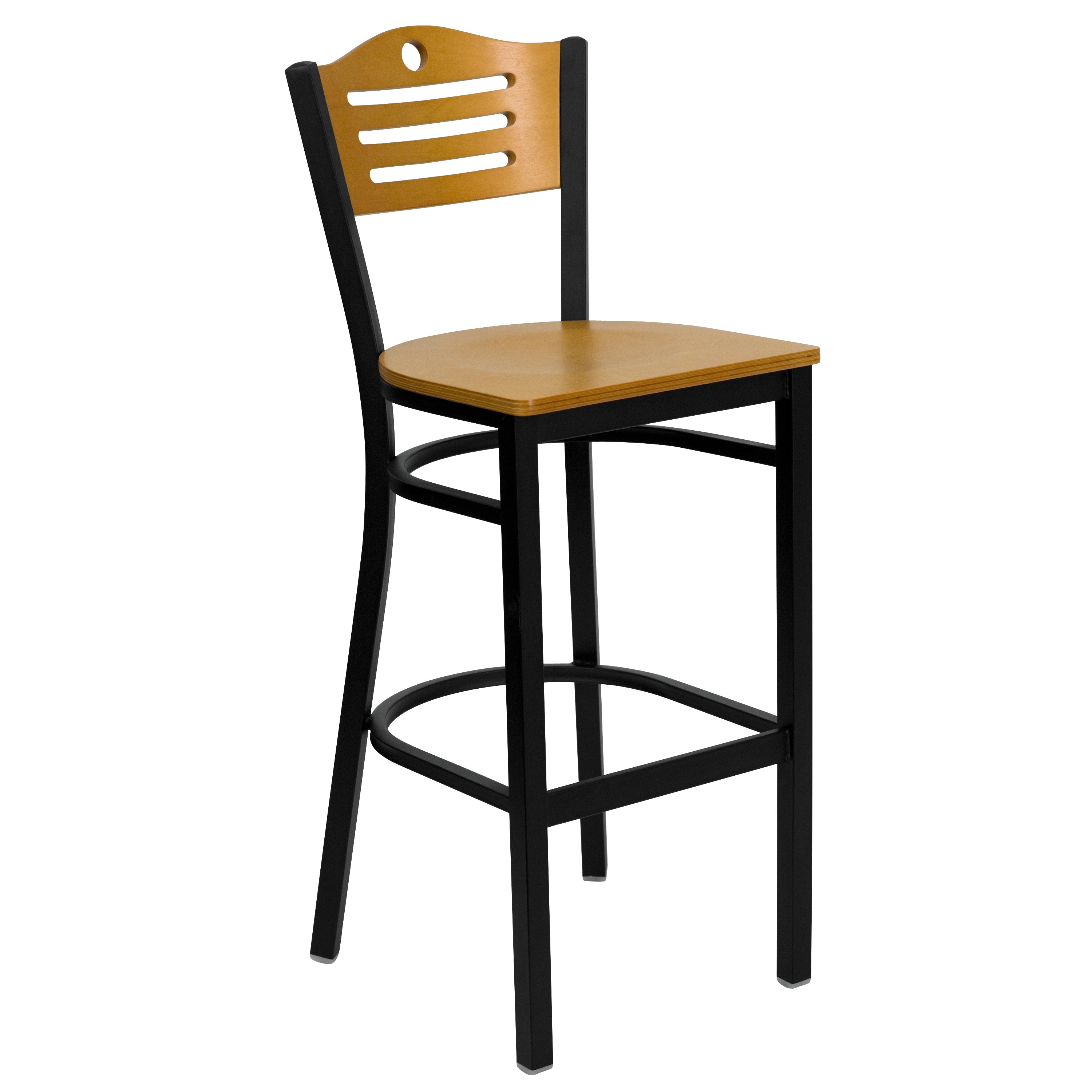 Clark 30'' Square Black Laminate Table Set with 4 Wood Slat Back Metal Barstools - Black Vinyl Seat