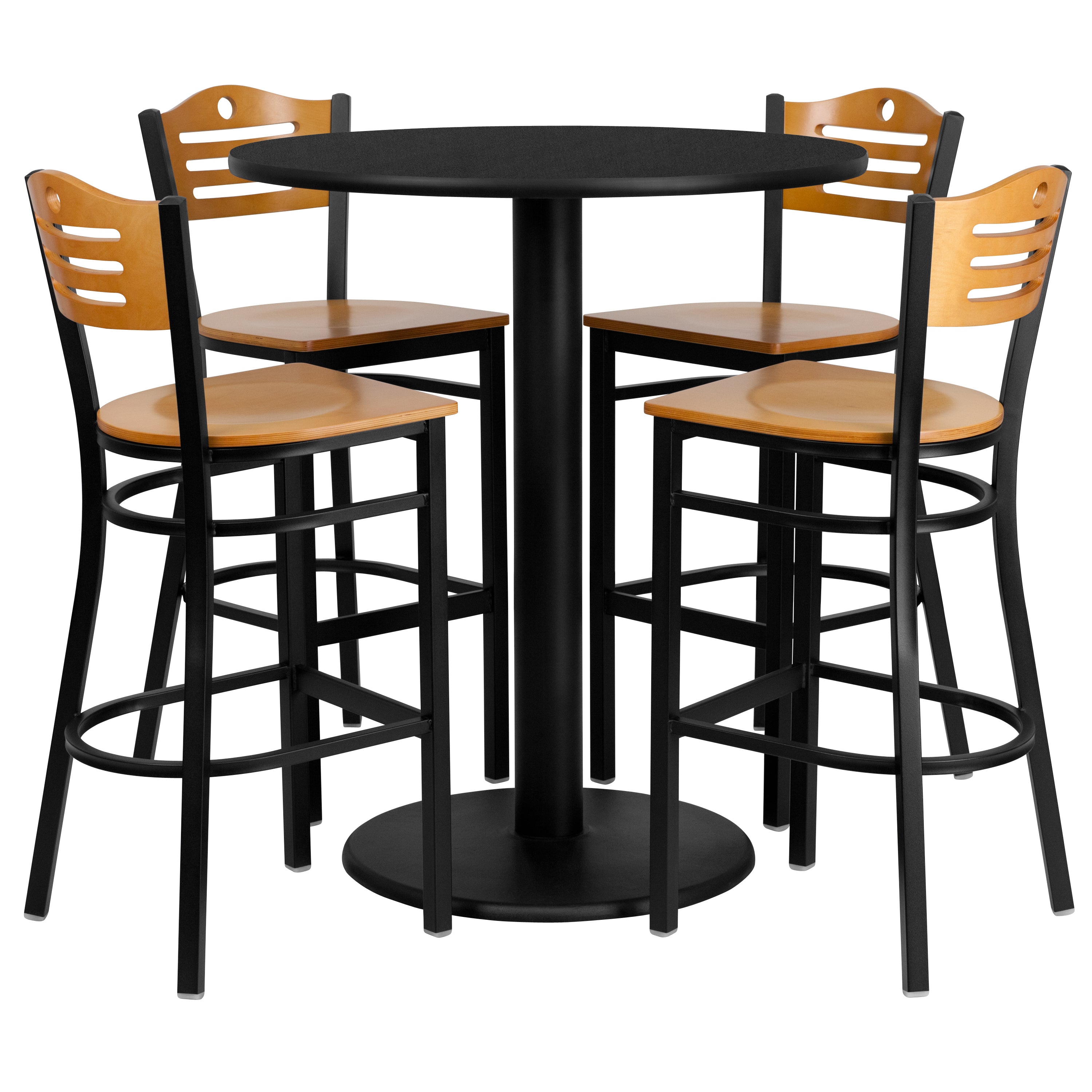 Clark 36'' Round Black Laminate Table Set with 4 Wood Slat Back Metal Barstools - Natural Wood Seat