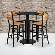 Clark 36'' Round Black Laminate Table Set with 4 Wood Slat Back Metal Barstools - Natural Wood Seat