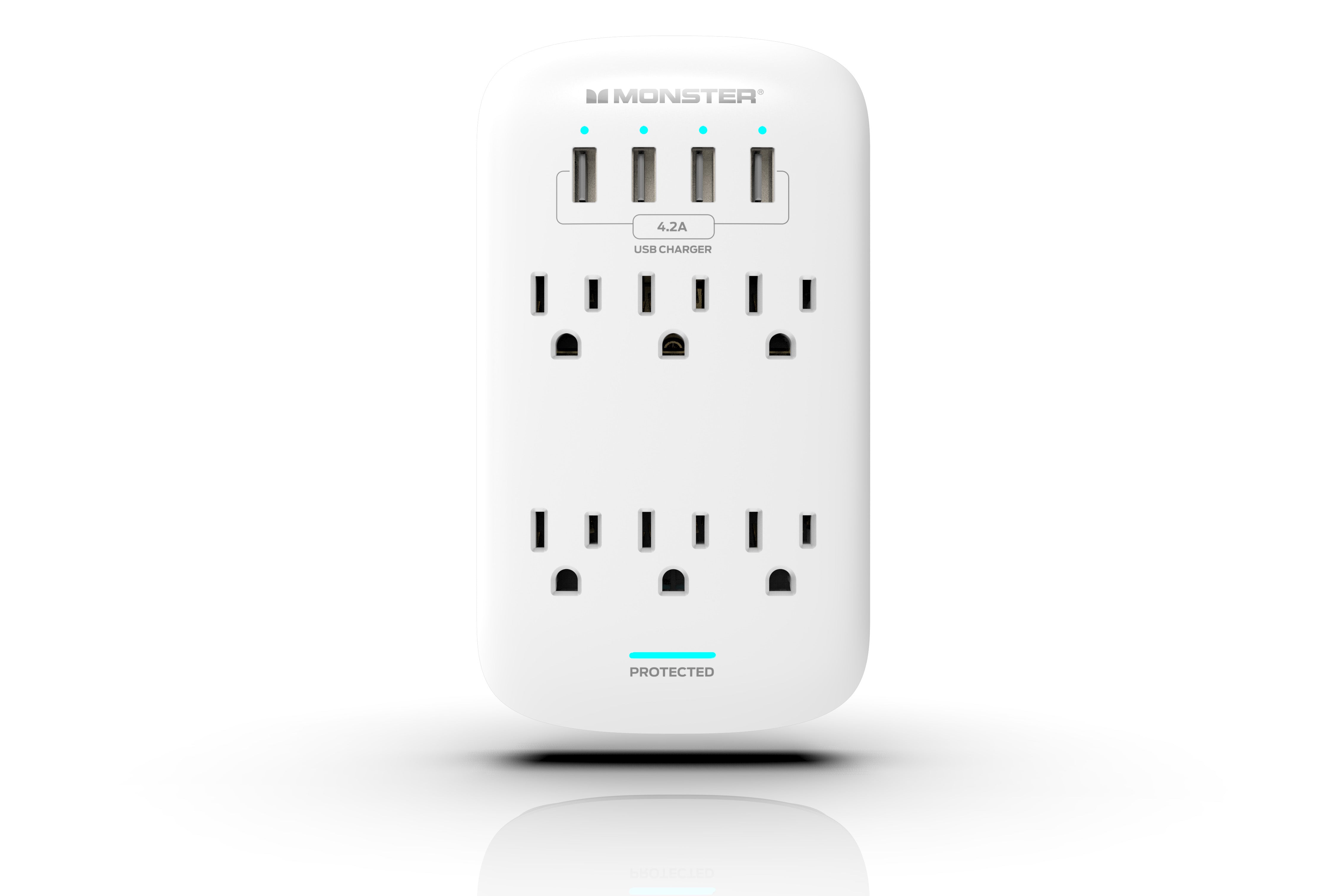 Monster ME-5016W 6 Outlet Wall Tap Surge Protector. White