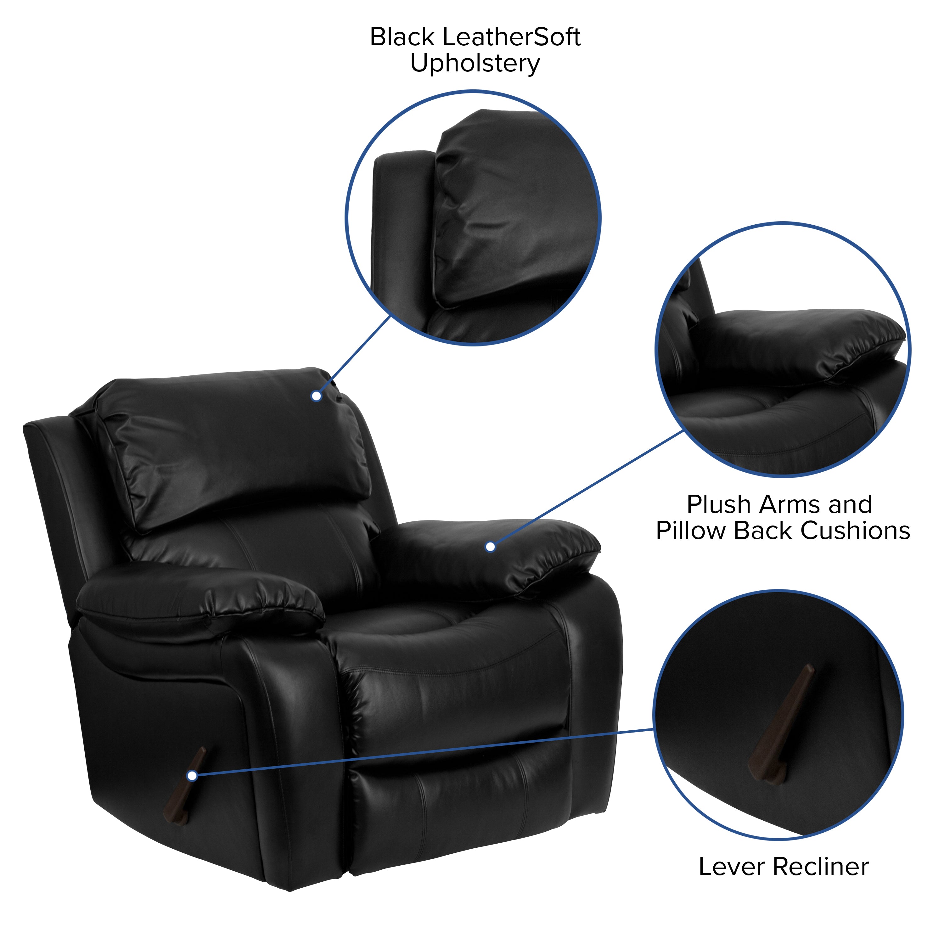 Kyle Black LeatherSoft Rocker Recliner + Headrest Cover
