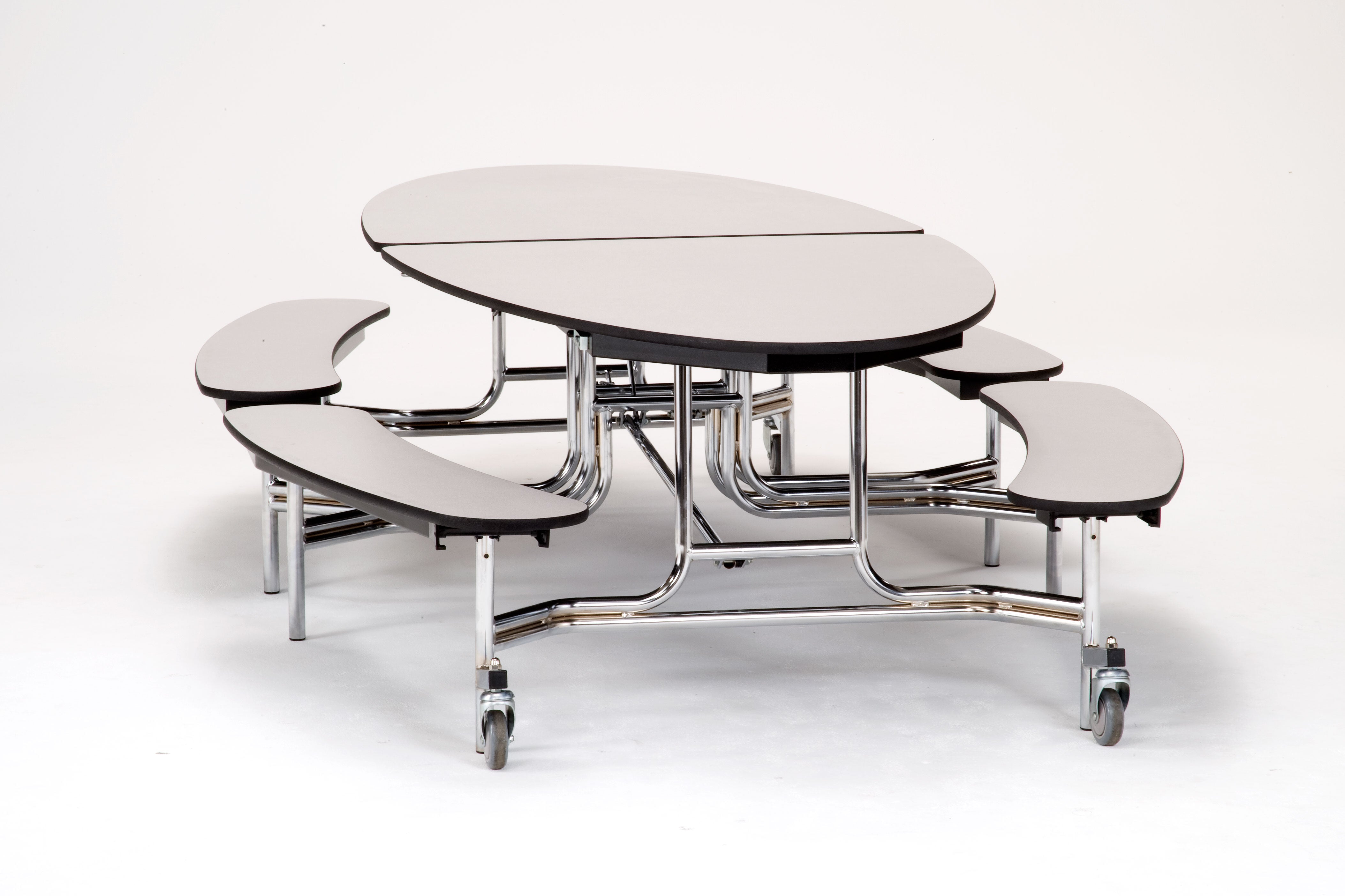 NPS® Mobile Cafeteria Table w/ Benches, 10' Elliptical, Plywood Core, Edge Type: Vinyl T-Mold, Frame Type: Chrome (Specify Tabletop/Bench Laminate Color and Height)