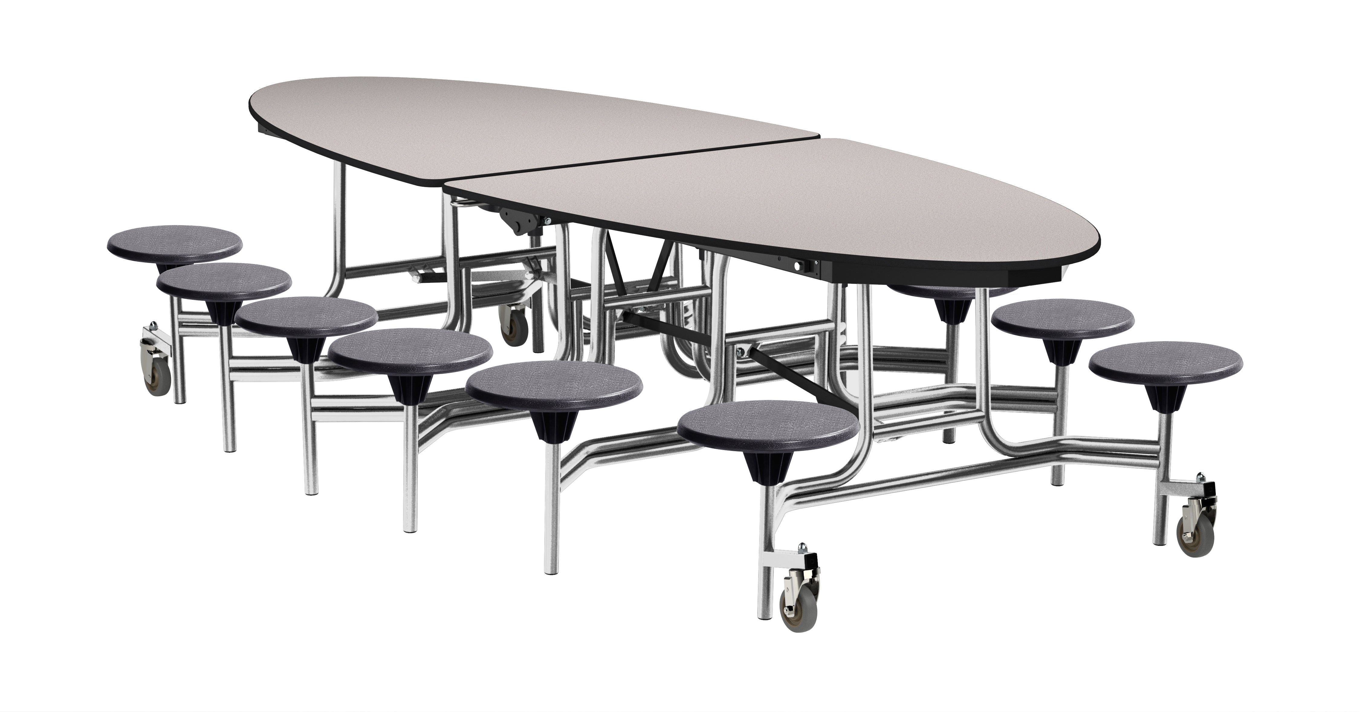 NPS® Mobile Cafeteria Table w/ Stools, 10' Elliptical, Particleboard Core, Edge Type: Edge Banding, Frame Type:  Chrome (Specify Laminate Tabletop/Seat Color and Height)