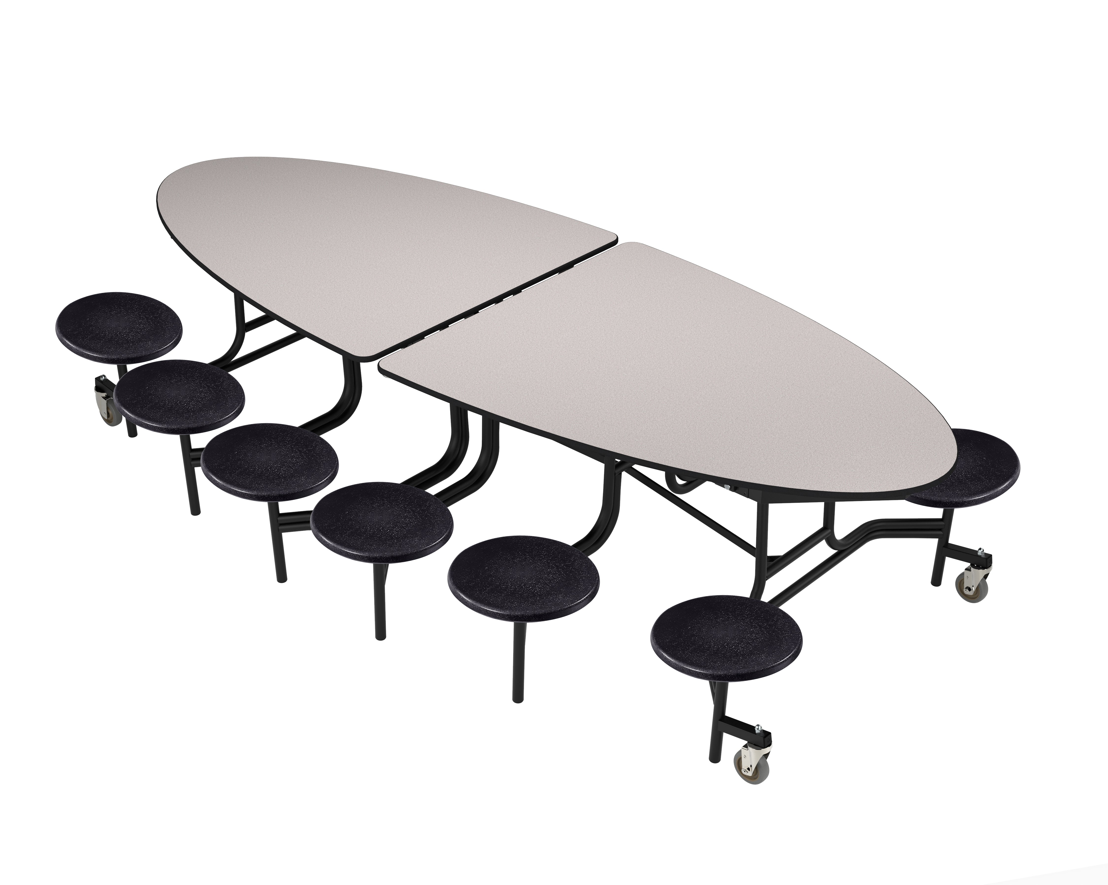 NPS® Mobile Cafeteria Table w/ Stools, 10' Elliptical, MDF Core, Edge Type: ProtectEdge, Frame Type: Textured Black (Specify Laminate Tabletop/Seat Color and Height)