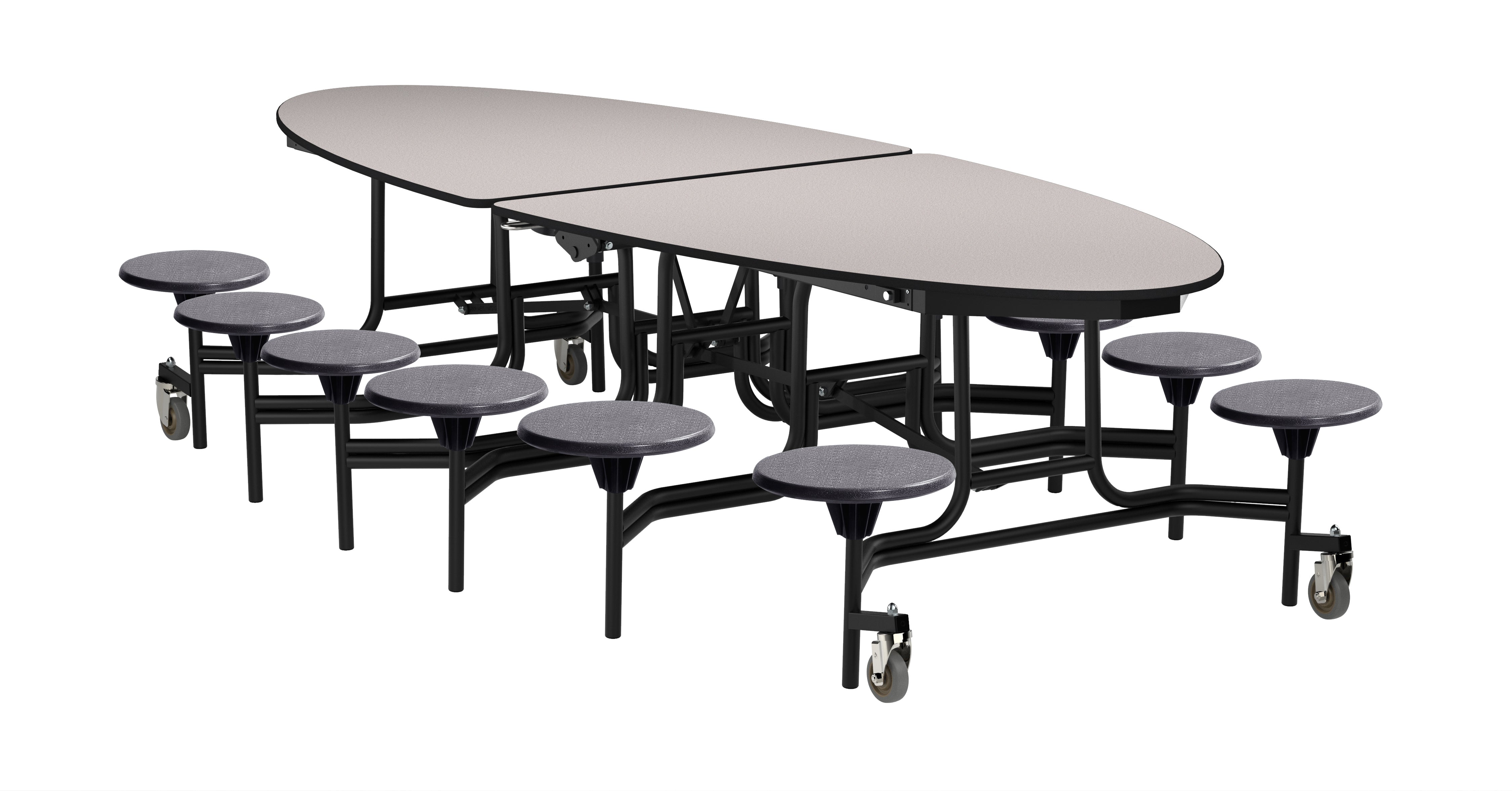 NPS® Mobile Cafeteria Table w/ Stools, 10' Elliptical, MDF Core, Edge Type: ProtectEdge, Frame Type: Textured Black (Specify Laminate Tabletop/Seat Color and Height)