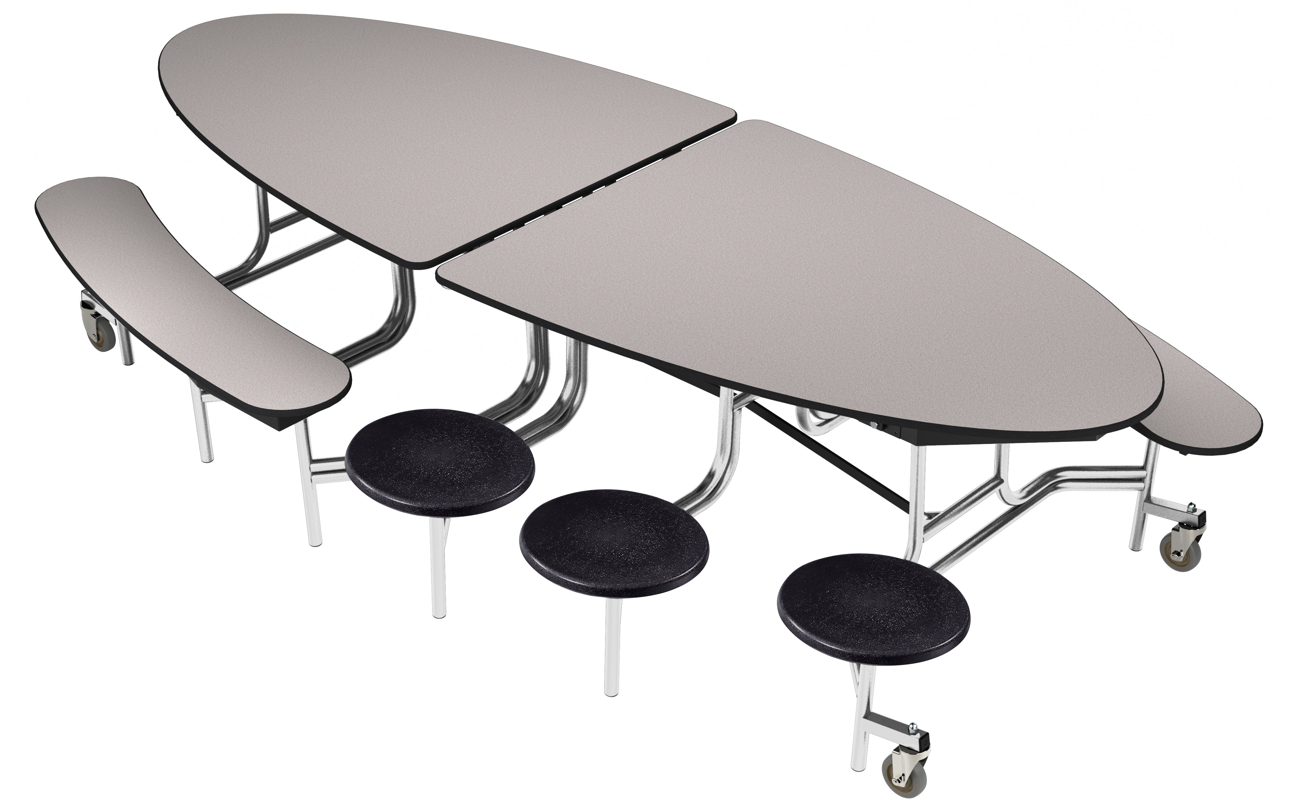 NPS® Mobile Cafeteria Table w/ Stools and Benches, 10' Elliptical, MDF Core, Edge Type: ProtectEdge, Frame Type: Chrome (Specify Laminate Tabletop/Benches/Stool Color, Optional ErgoMax Upgrade, Height)