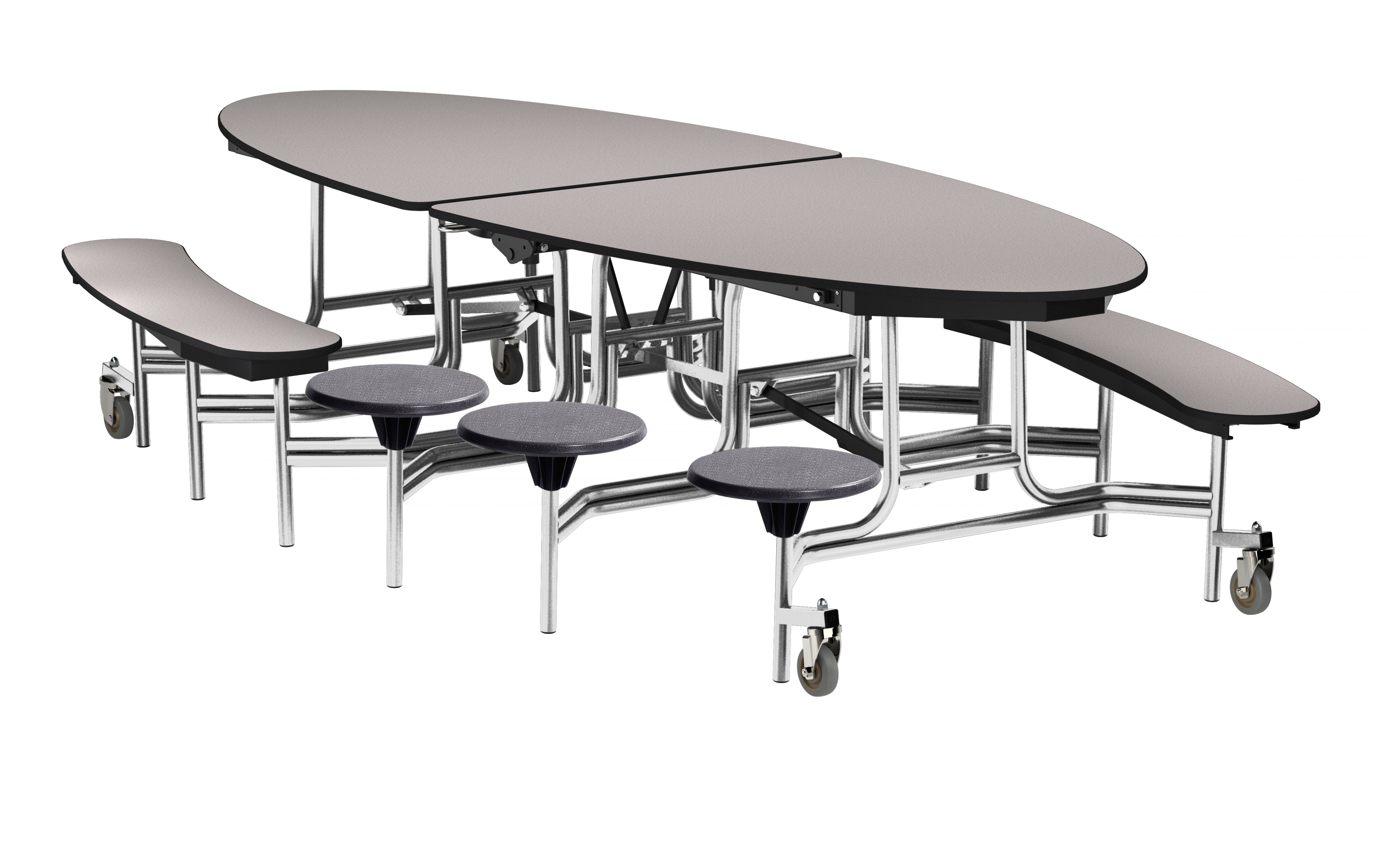 NPS® Mobile Cafeteria Table w/ Stools and Benches, 10' Elliptical, Particleboard Core, Edge Type: Edge Banding, Frame Type: Chrome (Specify Laminate Tabletop/Benches/Stool Color, Optional ErgoMax Upgrade, Height)