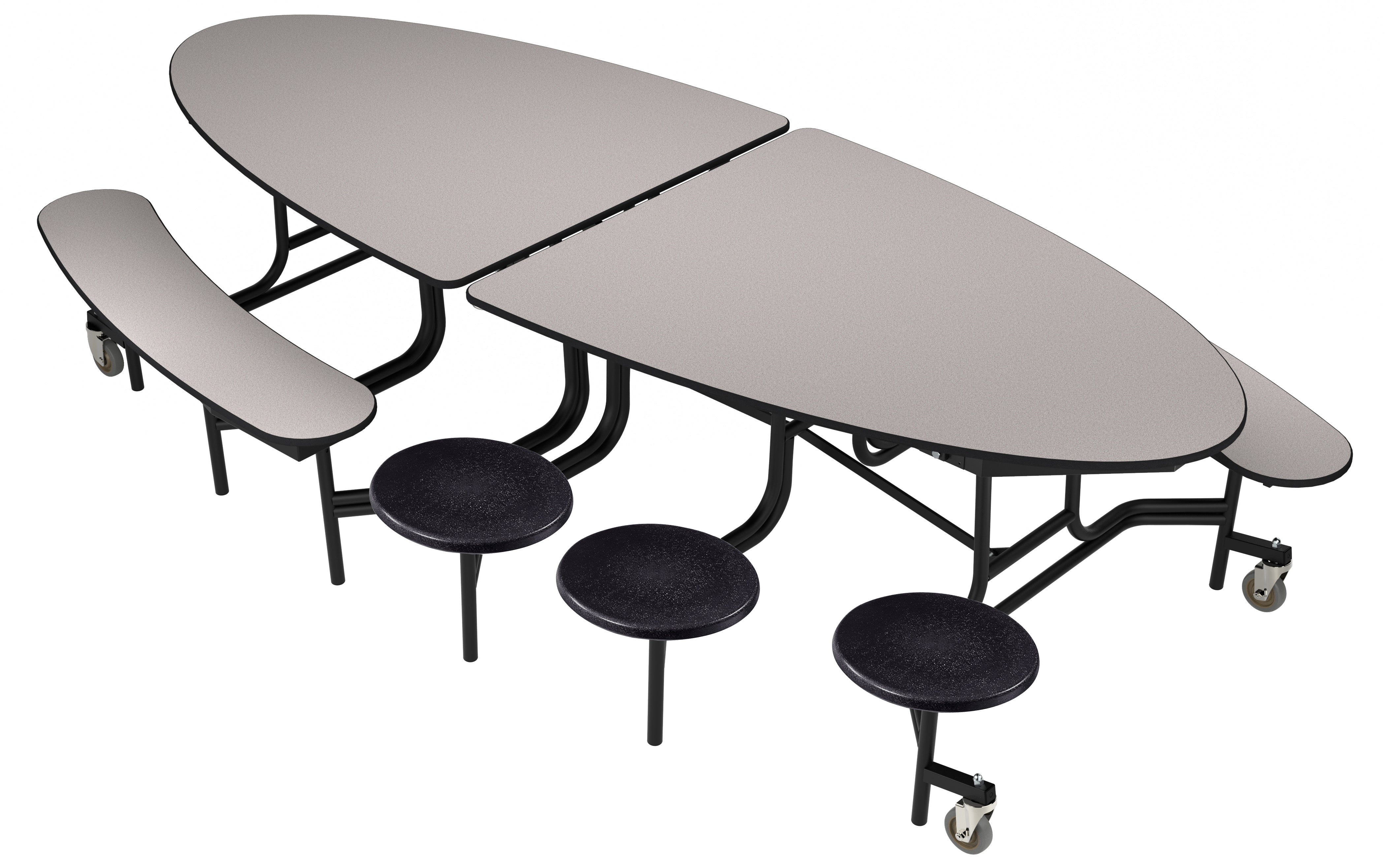 NPS® Mobile Cafeteria Table w/ Stools and Benches, 10' Elliptical, Particleboard Core, Edge Type: Edge Banding, Frame Type: Textured Black (Specify Laminate Tabletop/Benches/Stool Color, Optional ErgoMax Upgrade, Height)