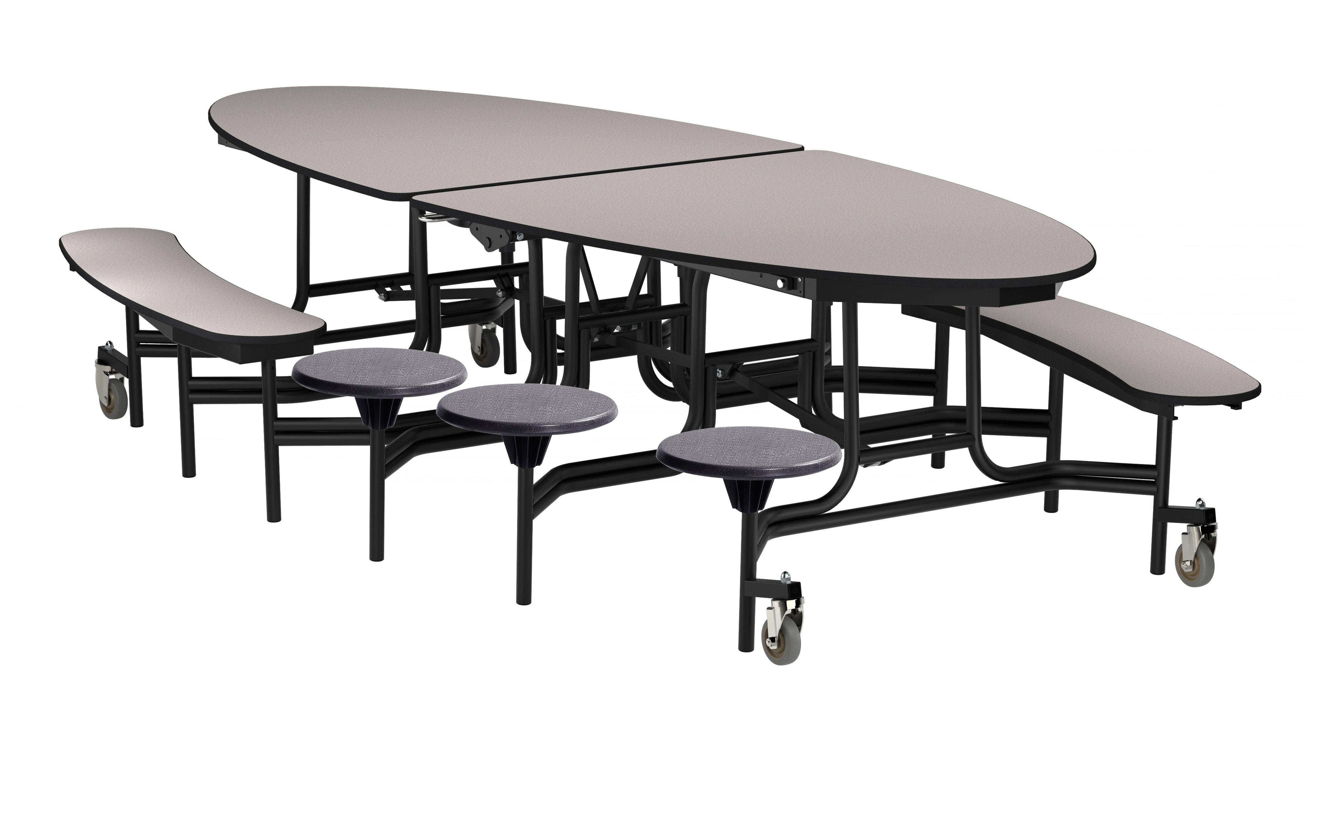 NPS® Mobile Cafeteria Table w/ Stools and Benches, 10' Elliptical, Plywood Core, Edge Type: Edge Banding, Frame Type: Textured Black (Specify Laminate Tabletop/Benches/Stool Color, Optional ErgoMax Upgrade, Height)