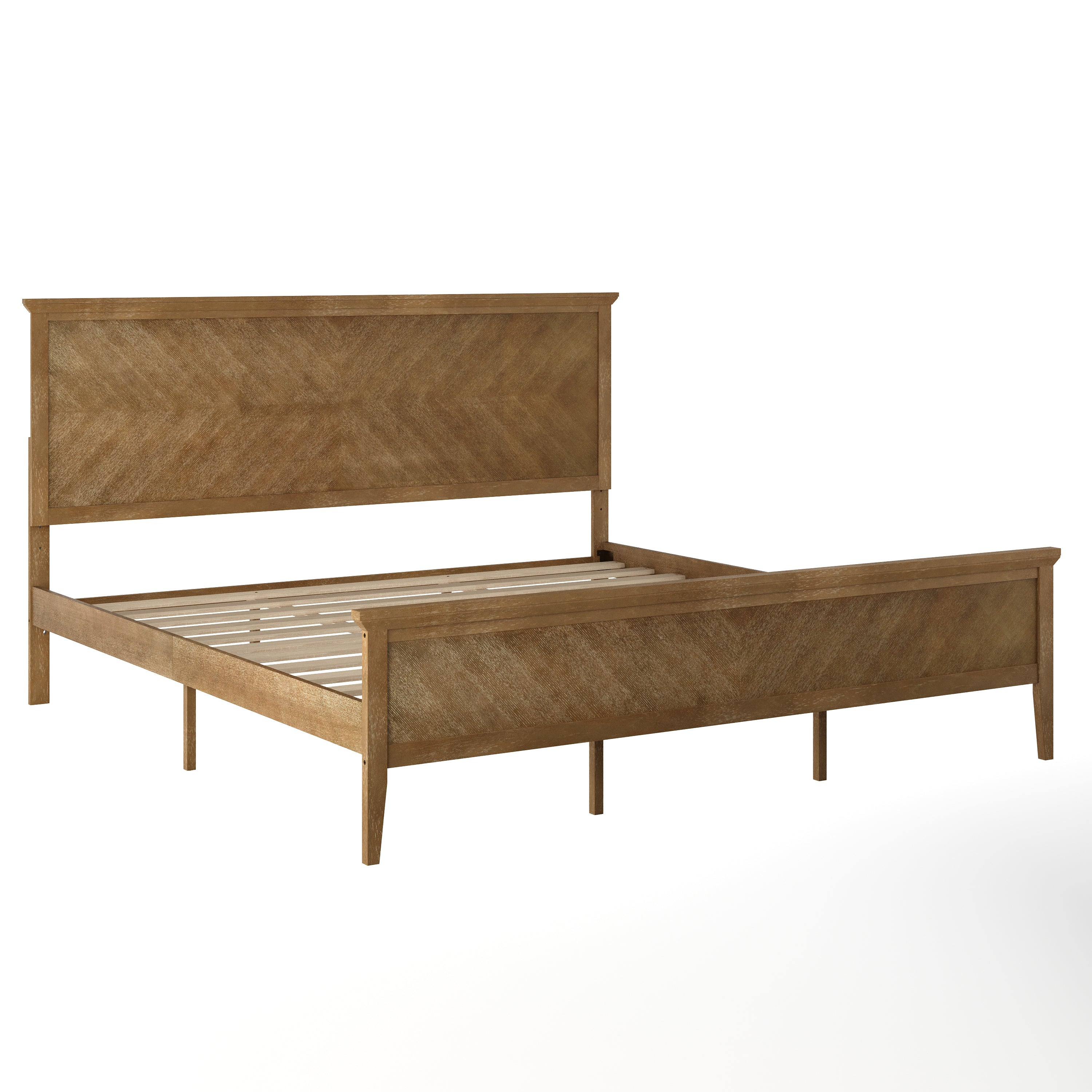Fiona Light Brown King Size Solid Wood Platform Bed Frame with Headboard, Footboard, and Slatted Bottom