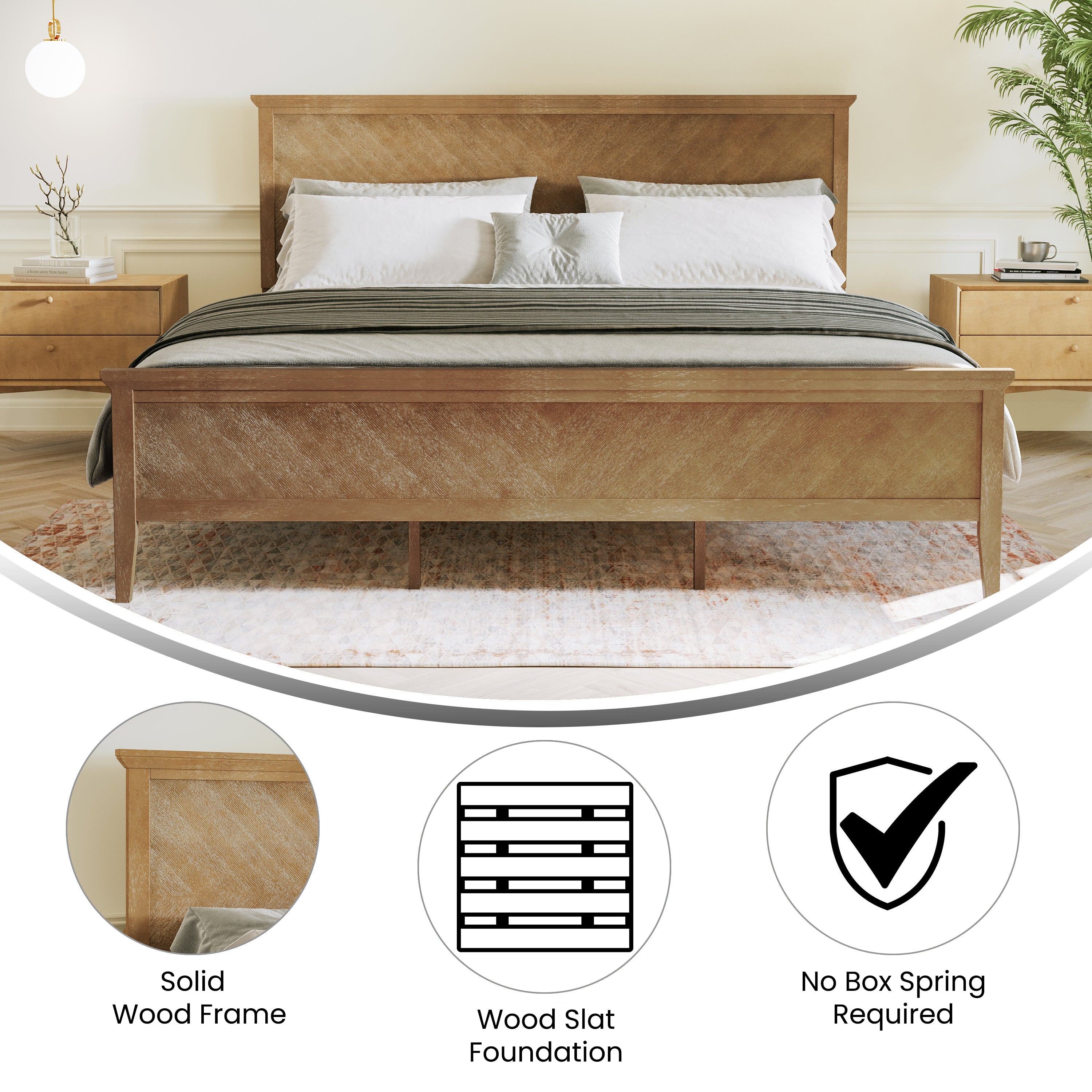 Fiona Light Brown King Size Solid Wood Platform Bed Frame with Headboard, Footboard, and Slatted Bottom
