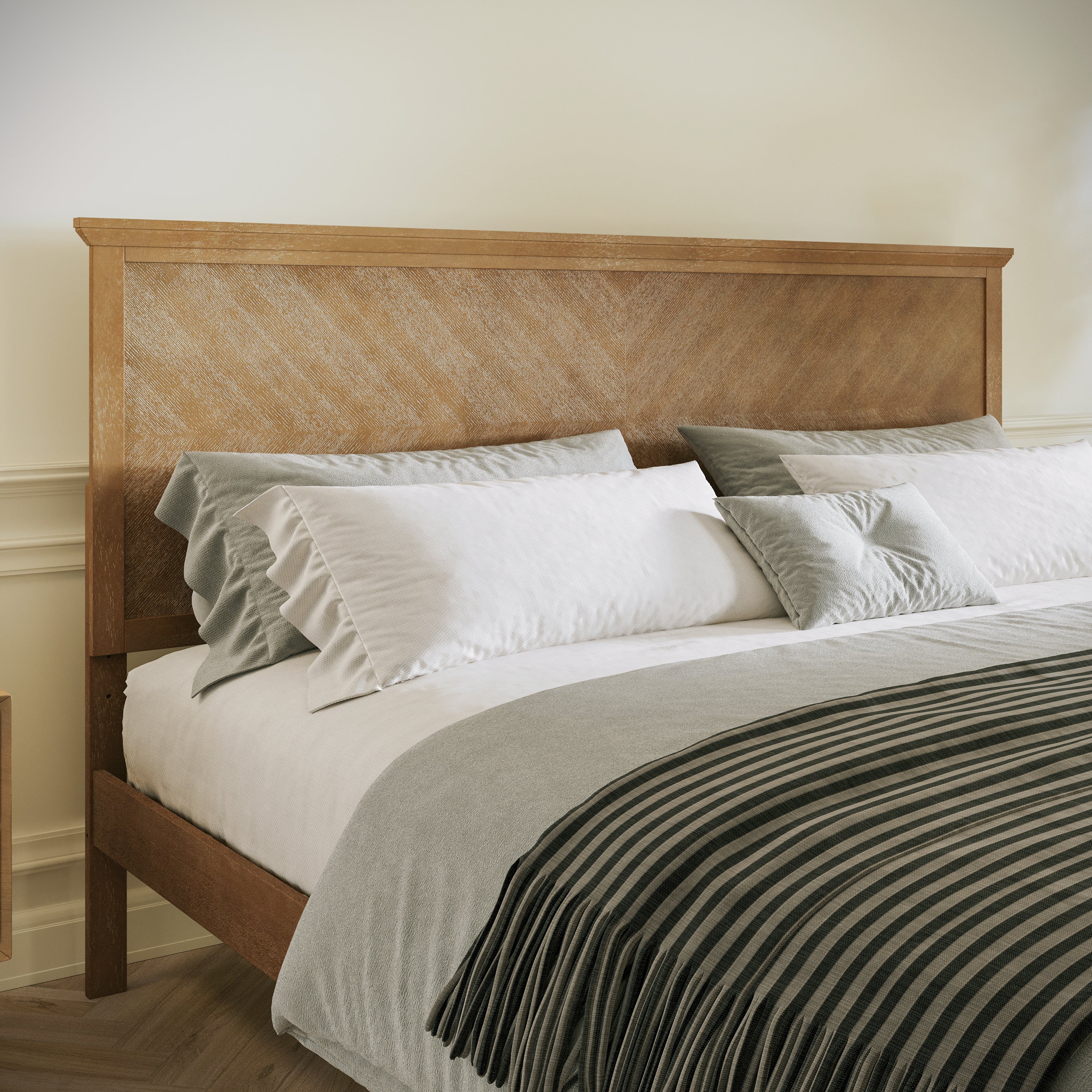 Fiona Light Brown King Size Solid Wood Platform Bed Frame with Headboard, Footboard, and Slatted Bottom