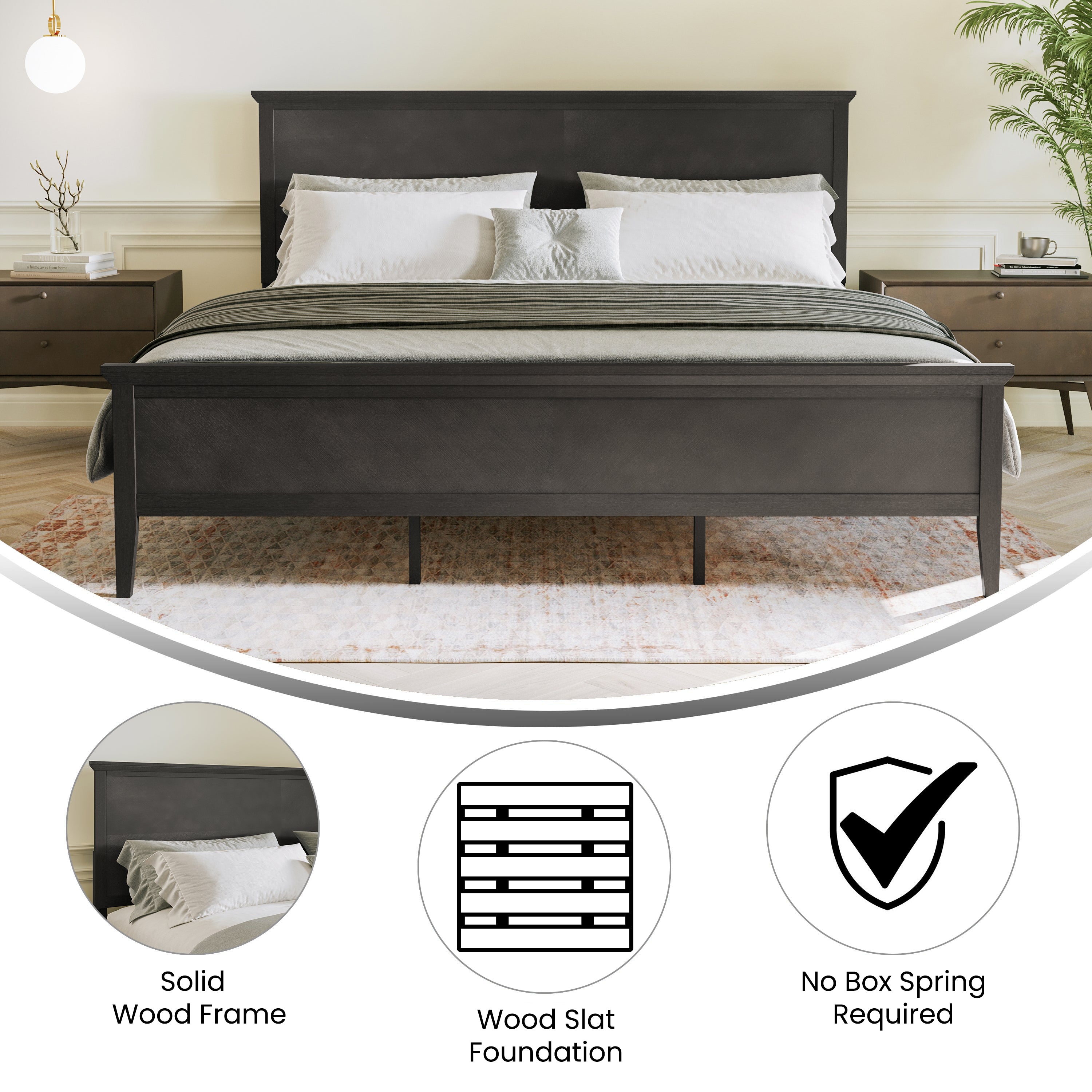 Fiona Dark Gray King Size Solid Wood Platform Bed Frame with Headboard, Footboard, and Slatted Bottom