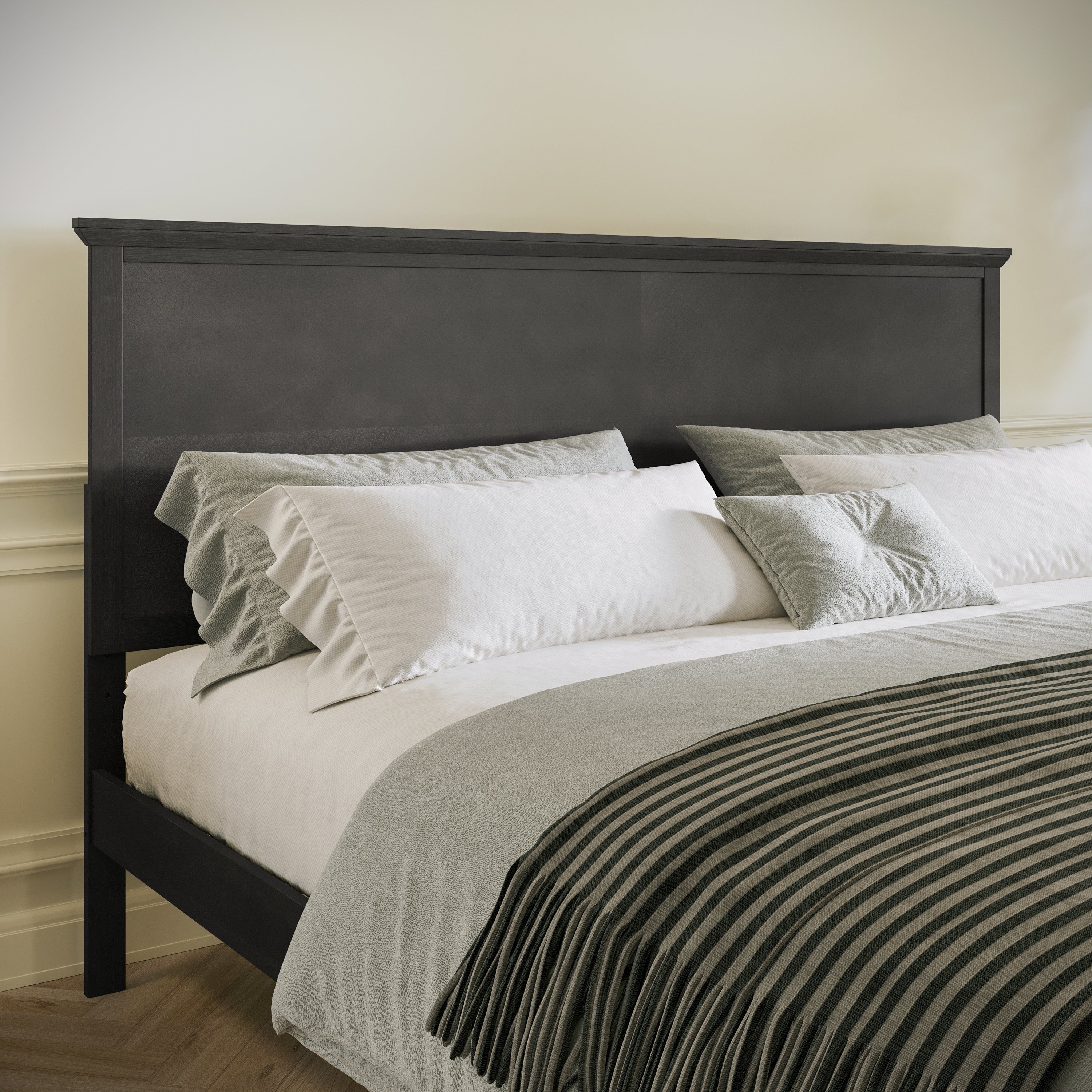 Fiona Dark Gray King Size Solid Wood Platform Bed Frame with Headboard, Footboard, and Slatted Bottom