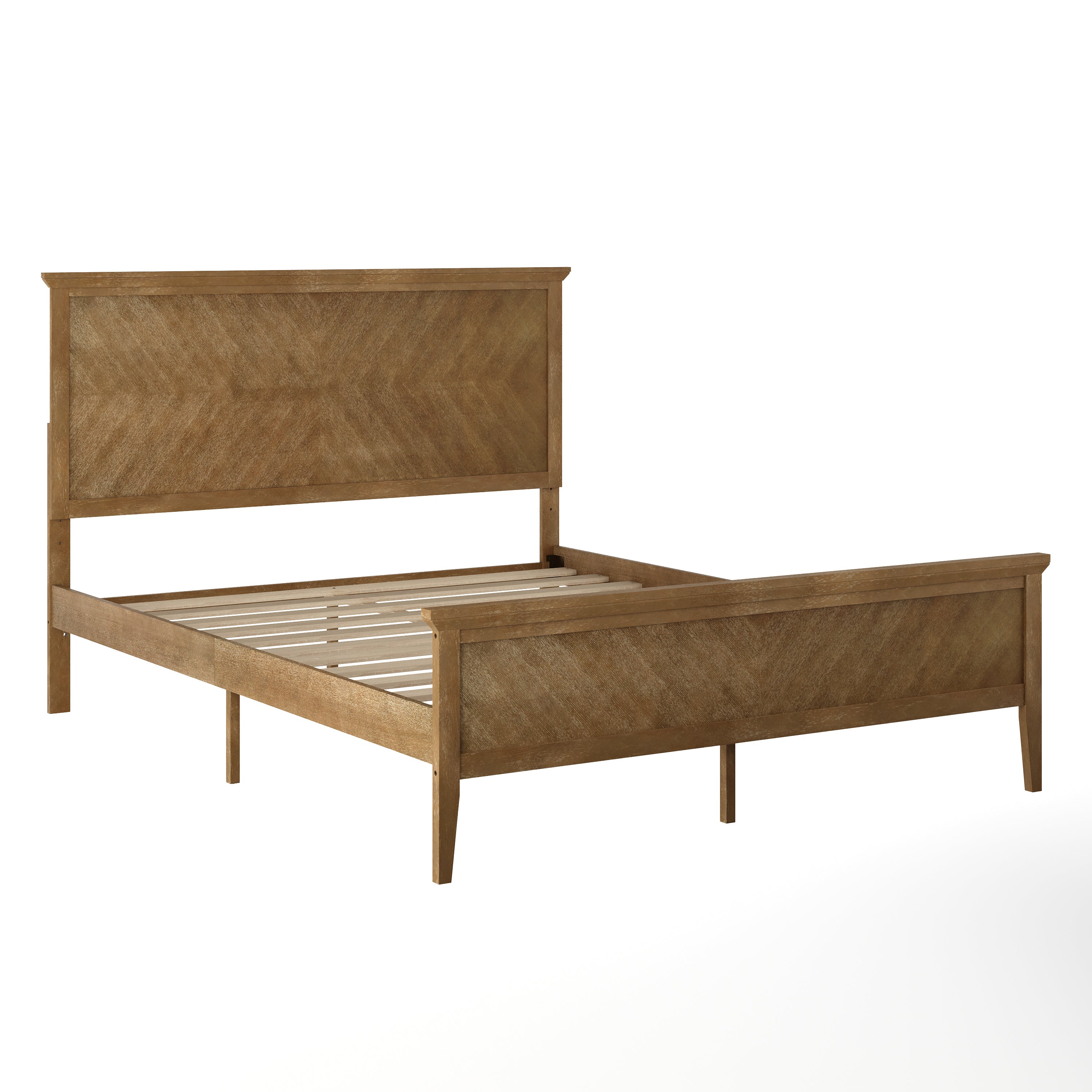 Fiona Light Brown Queen Size Solid Wood Platform Bed Frame with Headboard, Footboard, and Slatted Bottom
