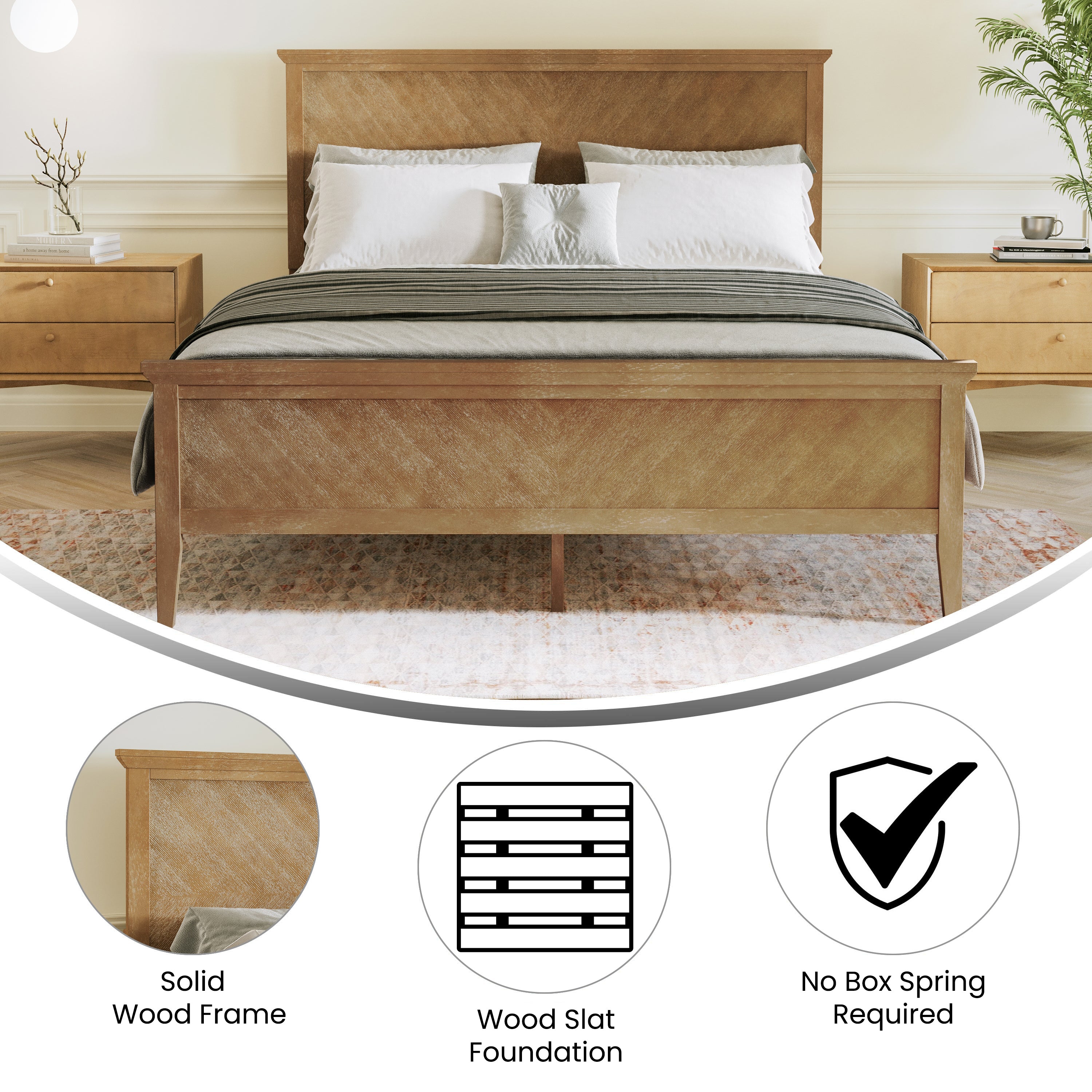 Fiona Light Brown Queen Size Solid Wood Platform Bed Frame with Headboard, Footboard, and Slatted Bottom