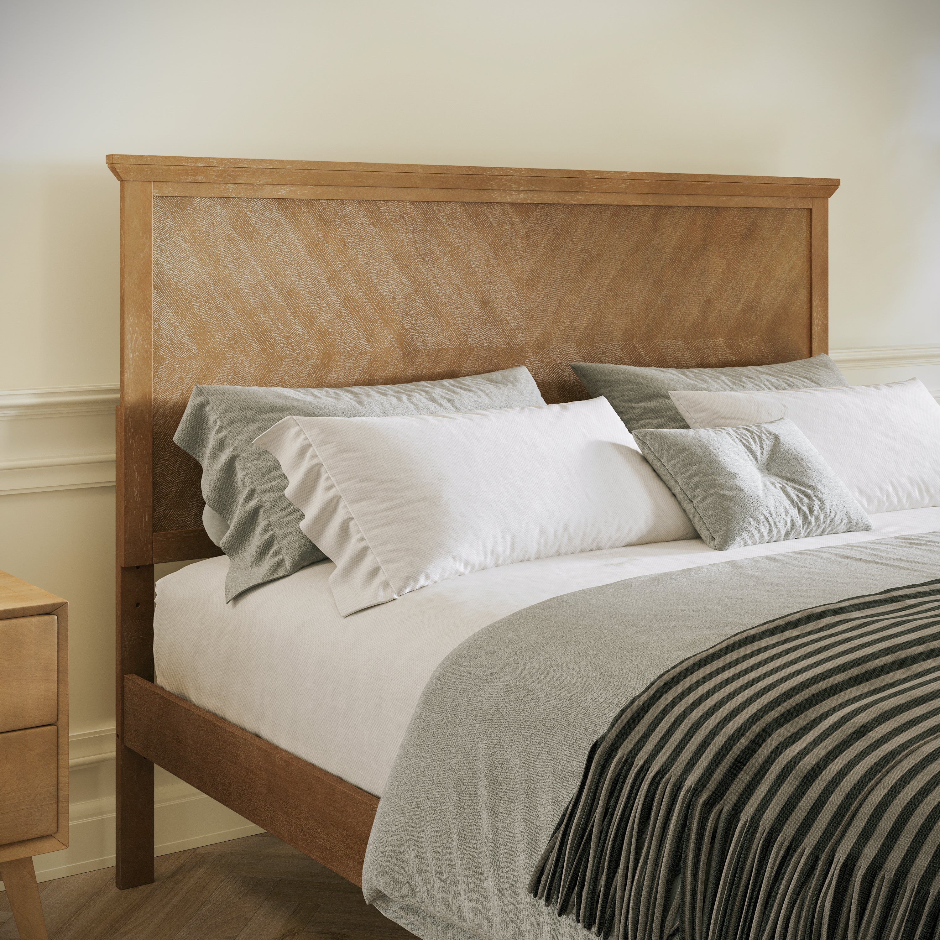 Fiona Light Brown Queen Size Solid Wood Platform Bed Frame with Headboard, Footboard, and Slatted Bottom