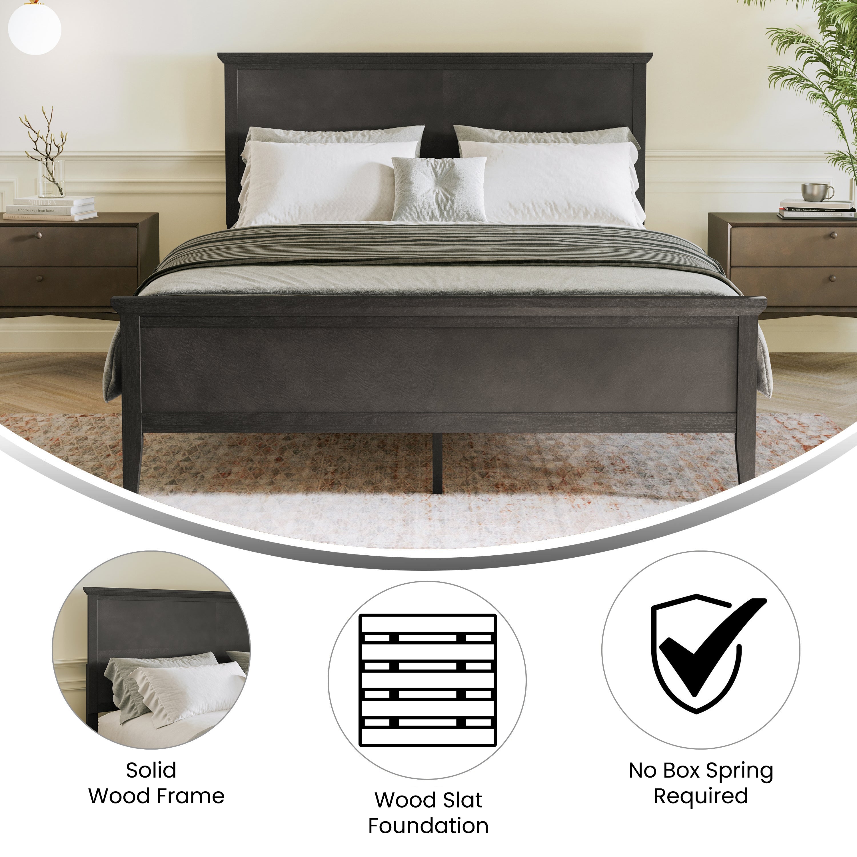 Fiona Dark Gray Queen Size Solid Wood Platform Bed Frame with Headboard, Footboard, and Slatted Bottom