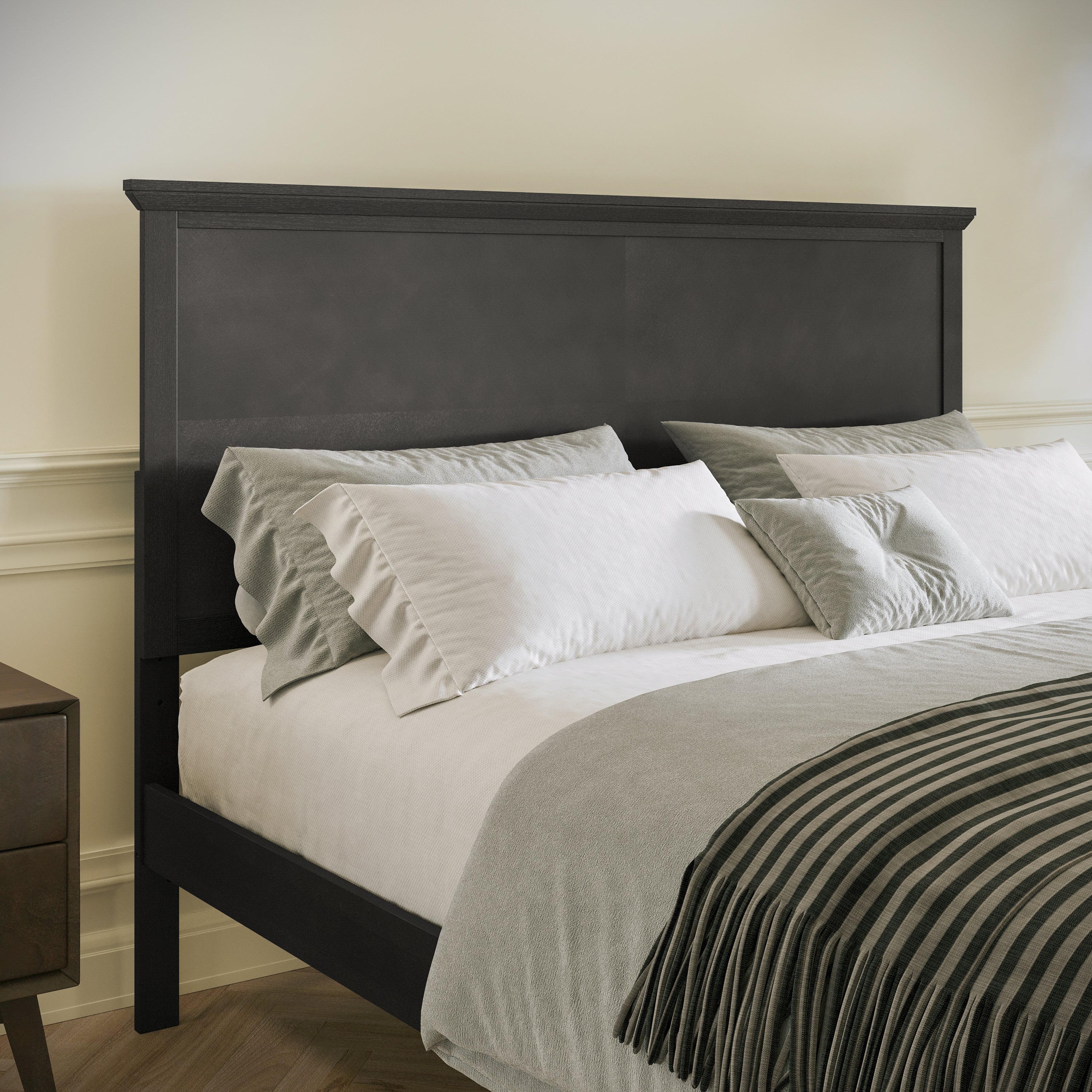 Fiona Dark Gray Queen Size Solid Wood Platform Bed Frame with Headboard, Footboard, and Slatted Bottom