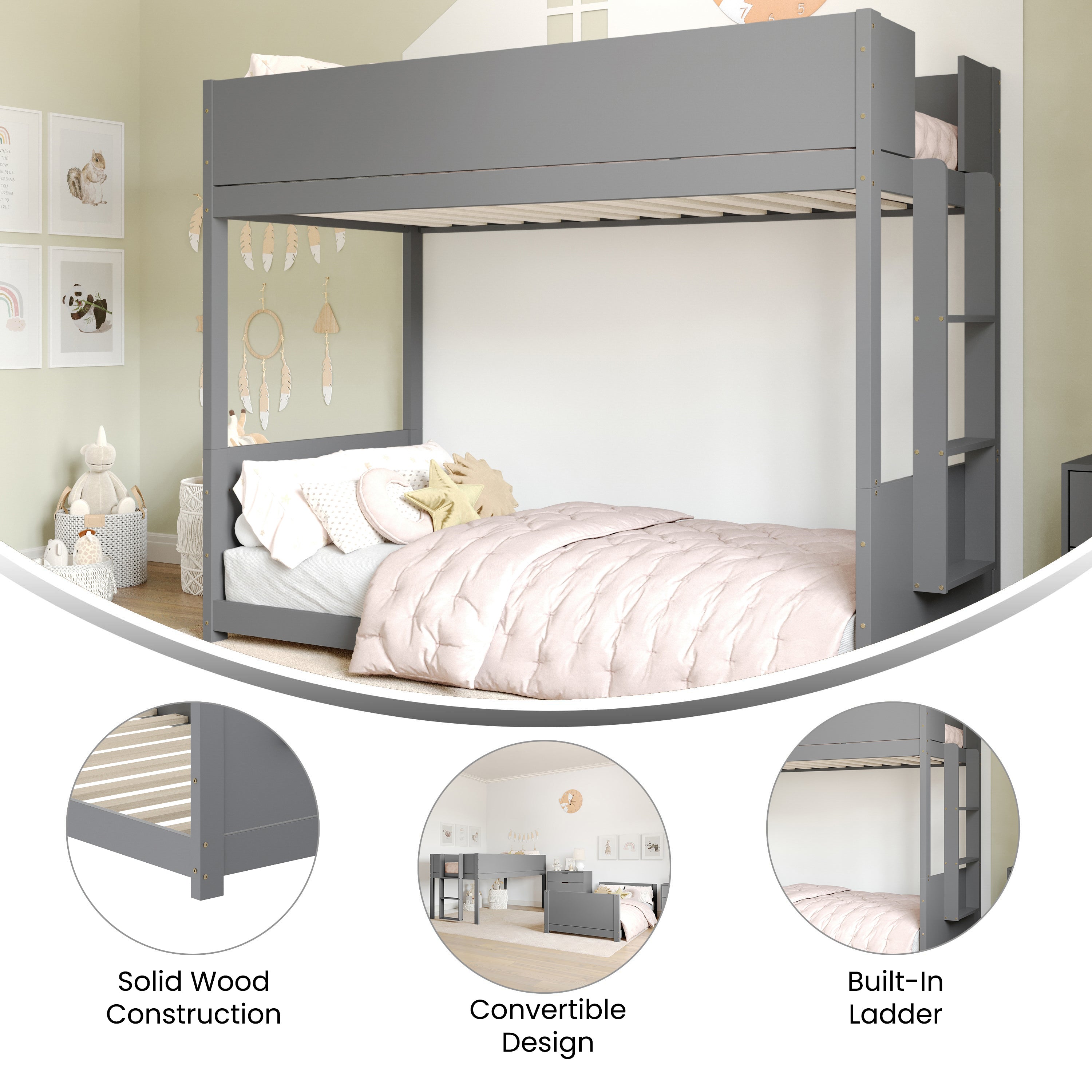 Dallas Bunk Bed Twin Over Twin, Convertible Solid Wood Bunk Bed Frame with Ladder for Kids, No Box Spring Needed in Gray