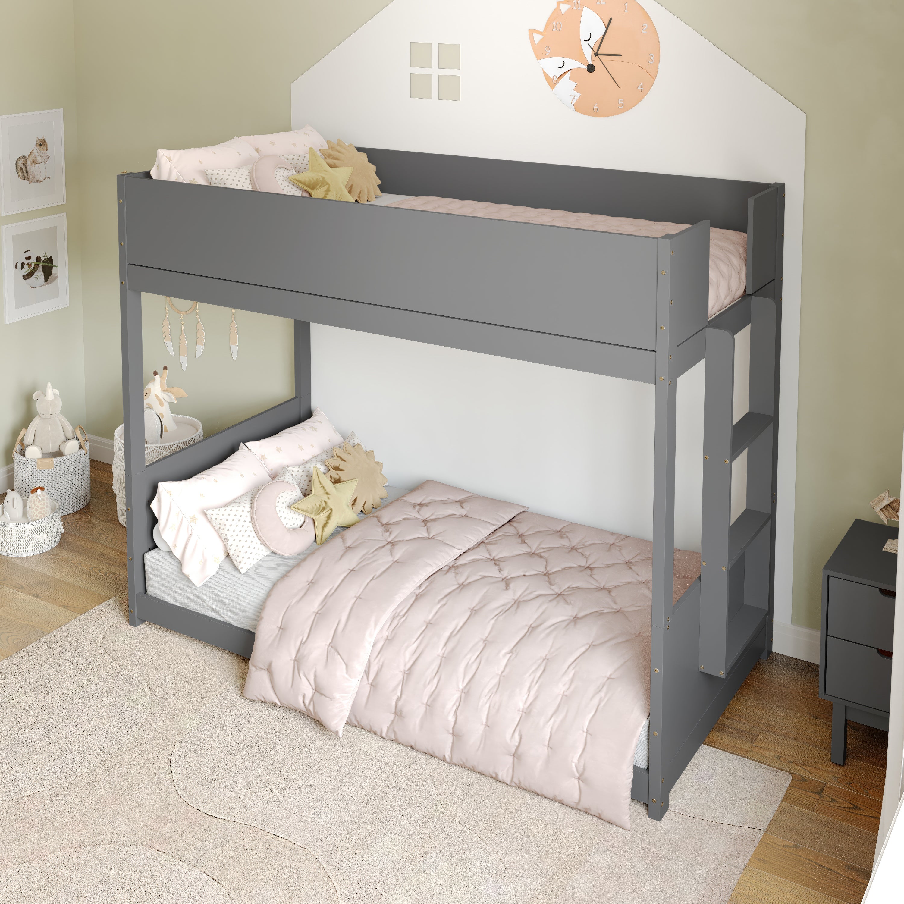 Dallas Bunk Bed Twin Over Twin, Convertible Solid Wood Bunk Bed Frame with Ladder for Kids, No Box Spring Needed in Gray