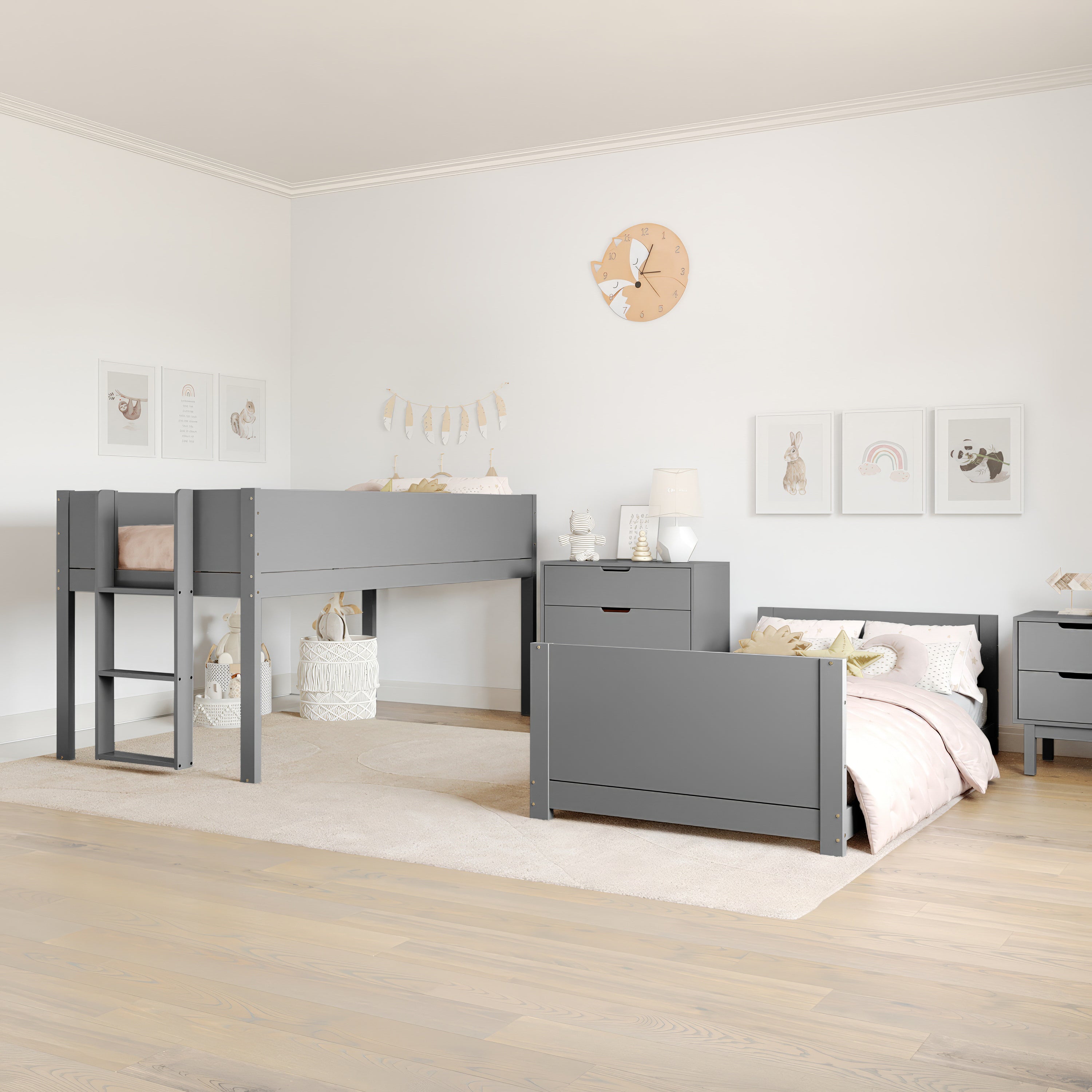 Dallas Bunk Bed Twin Over Twin, Convertible Solid Wood Bunk Bed Frame with Ladder for Kids, No Box Spring Needed in Gray