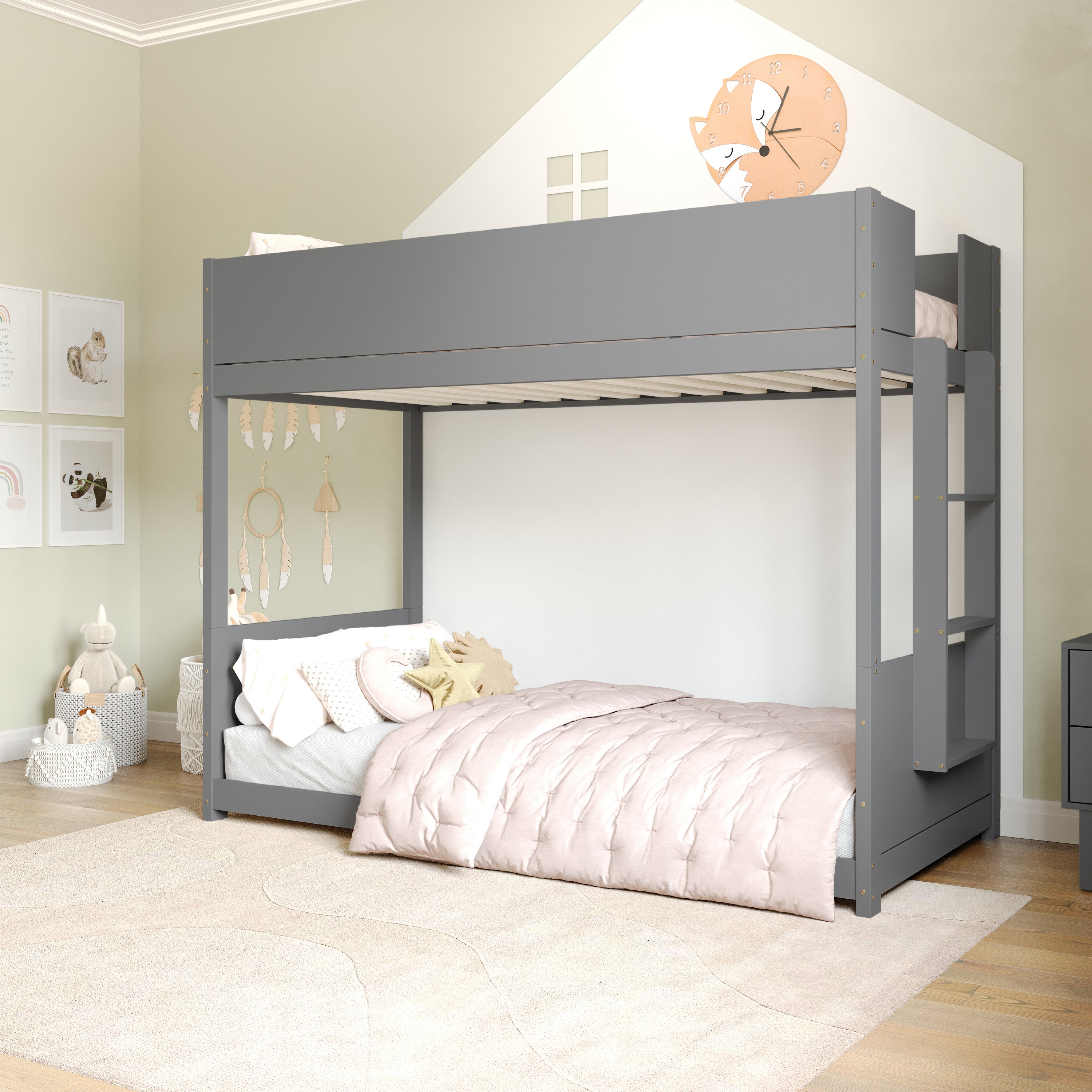 Dallas Bunk Bed Twin Over Twin, Convertible Solid Wood Bunk Bed Frame with Ladder for Kids, No Box Spring Needed in Gray