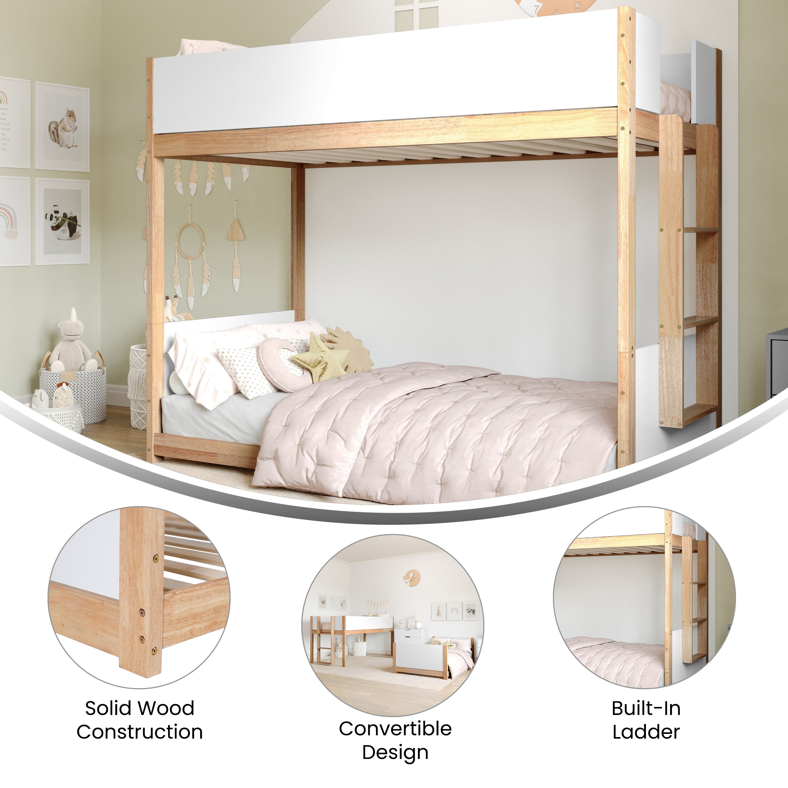 Dallas Bunk Bed Twin Over Twin, Convertible Solid Wood Bunk Bed Frame with Ladder for Kids, No Box Spring Needed in White/Natural