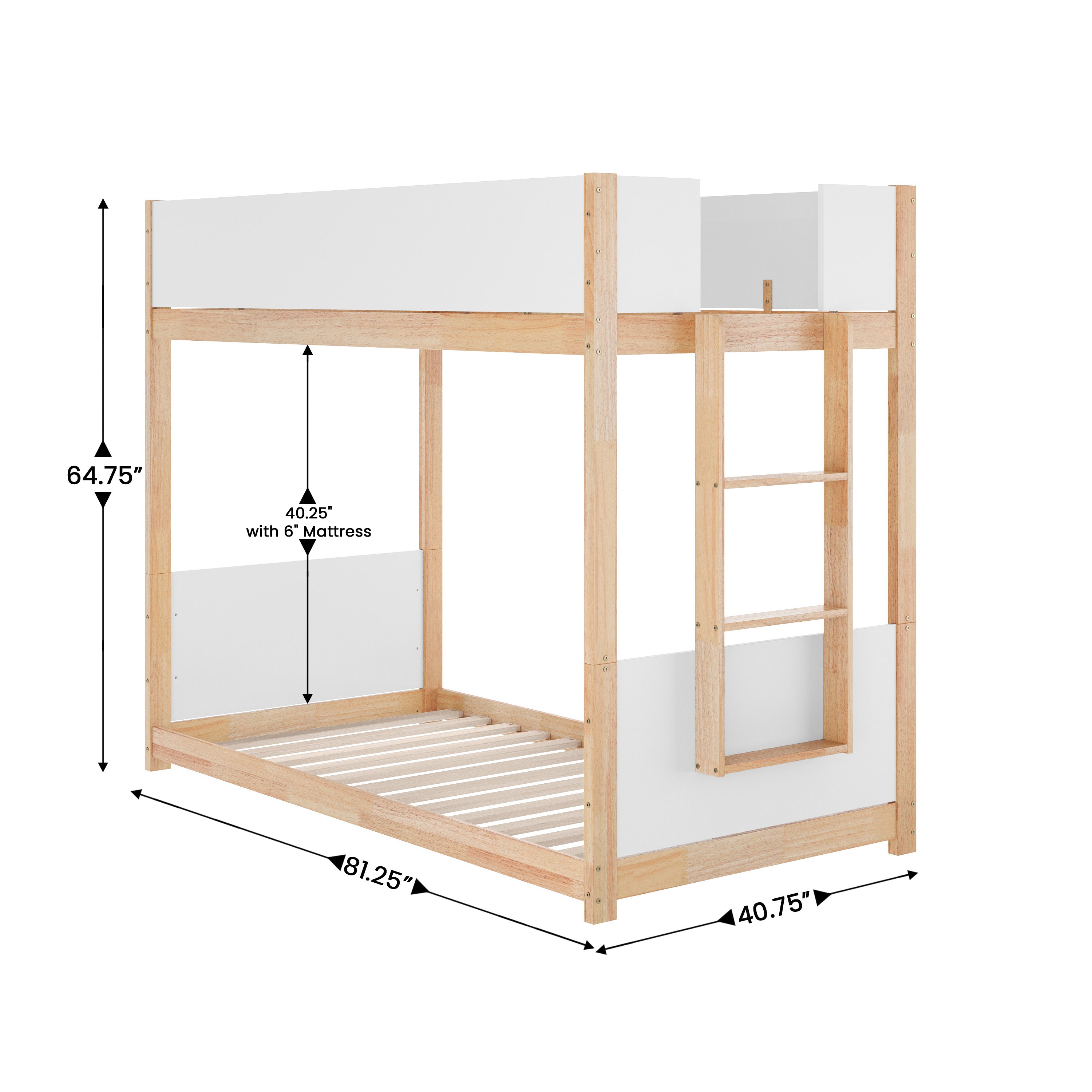 Dallas Bunk Bed Twin Over Twin, Convertible Solid Wood Bunk Bed Frame with Ladder for Kids, No Box Spring Needed in White/Natural