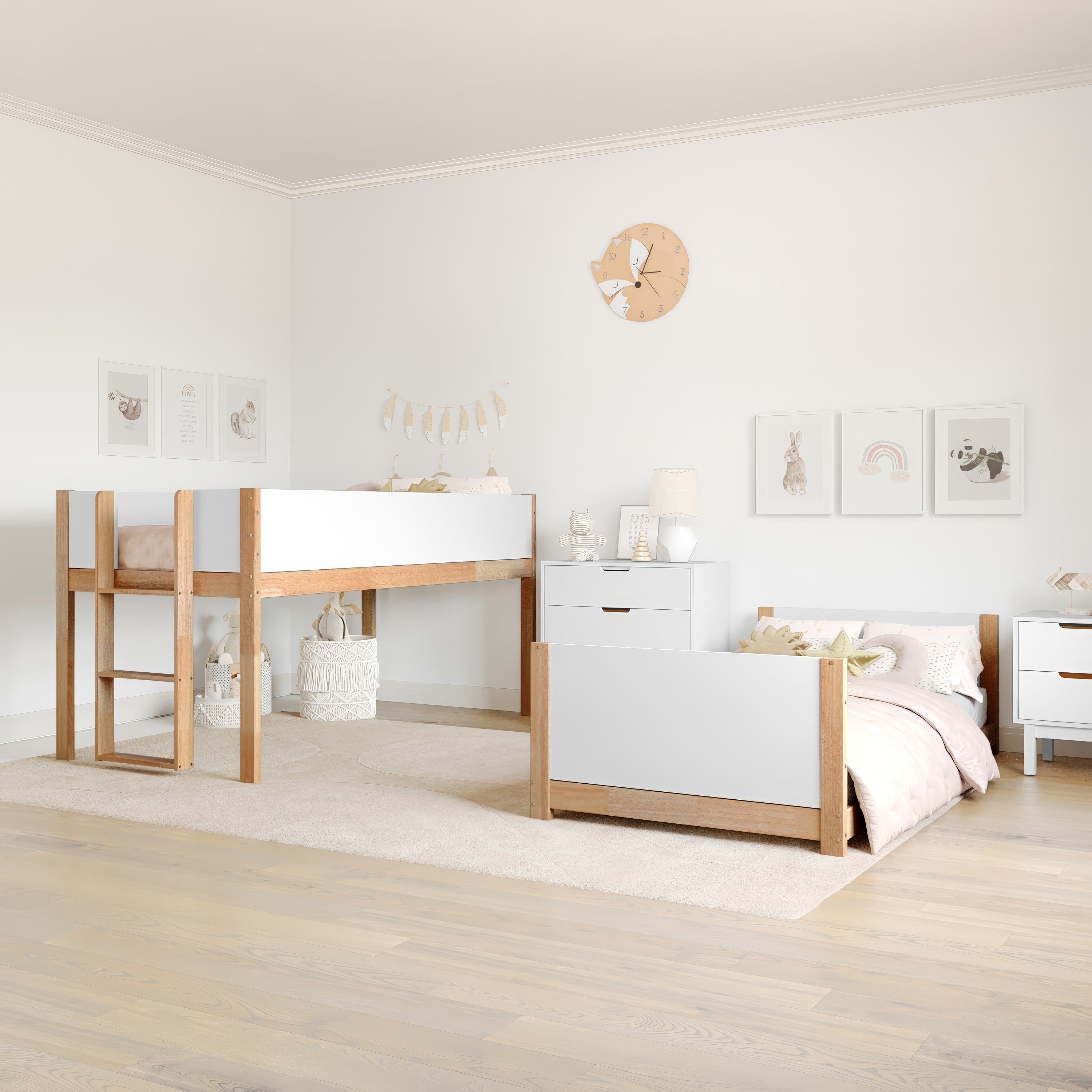 Dallas Bunk Bed Twin Over Twin, Convertible Solid Wood Bunk Bed Frame with Ladder for Kids, No Box Spring Needed in White/Natural