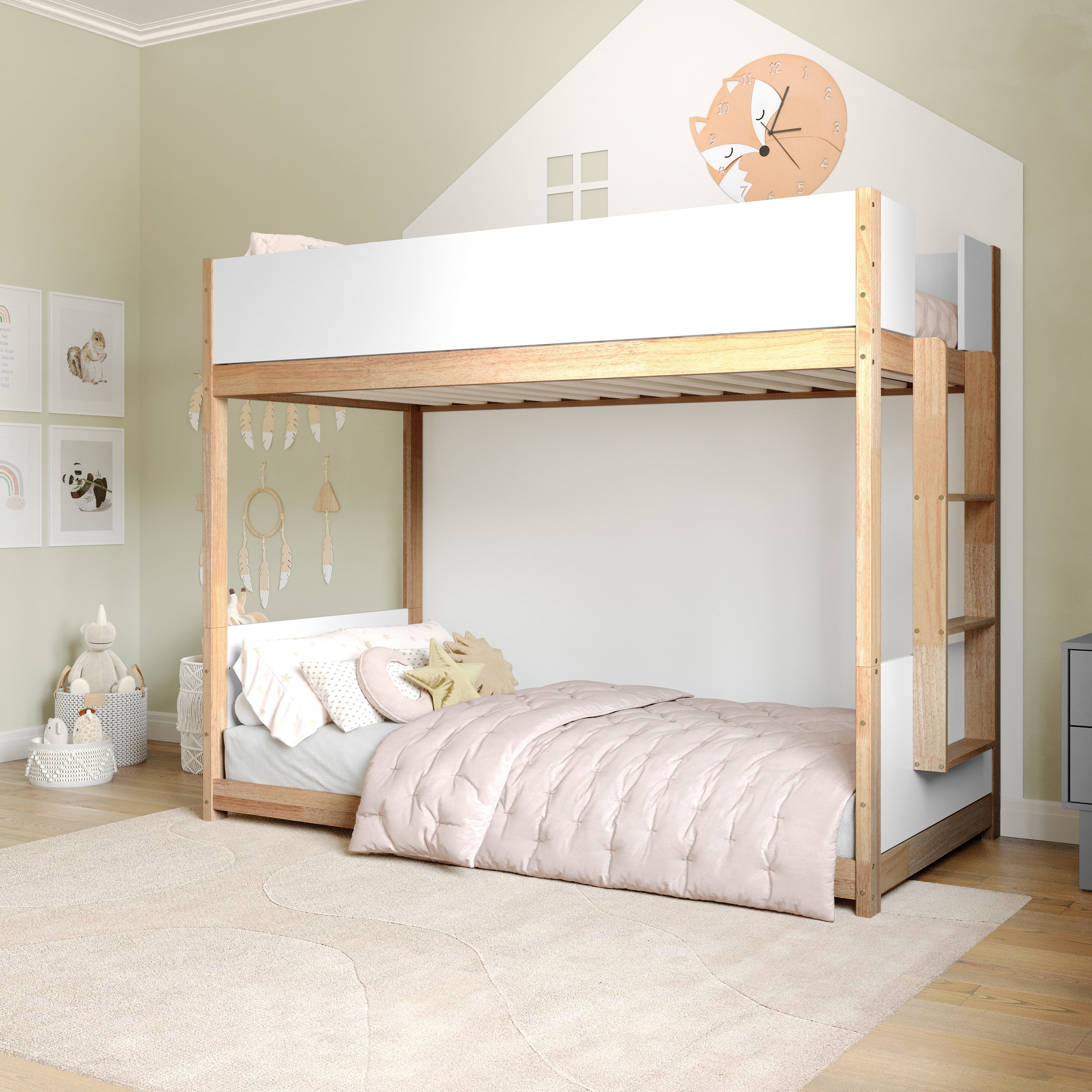 Dallas Bunk Bed Twin Over Twin, Convertible Solid Wood Bunk Bed Frame with Ladder for Kids, No Box Spring Needed in White/Natural
