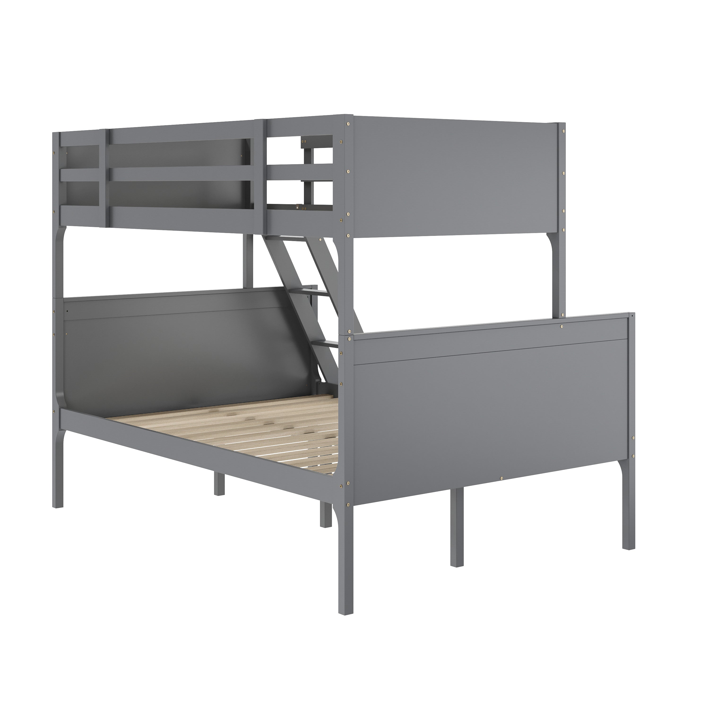 Dallas Bunk Bed Twin Over Full, Convertible Slatted Solid Wood Bunk Bed Frame with Ladder for Kids, No Box Spring Needed in Gray