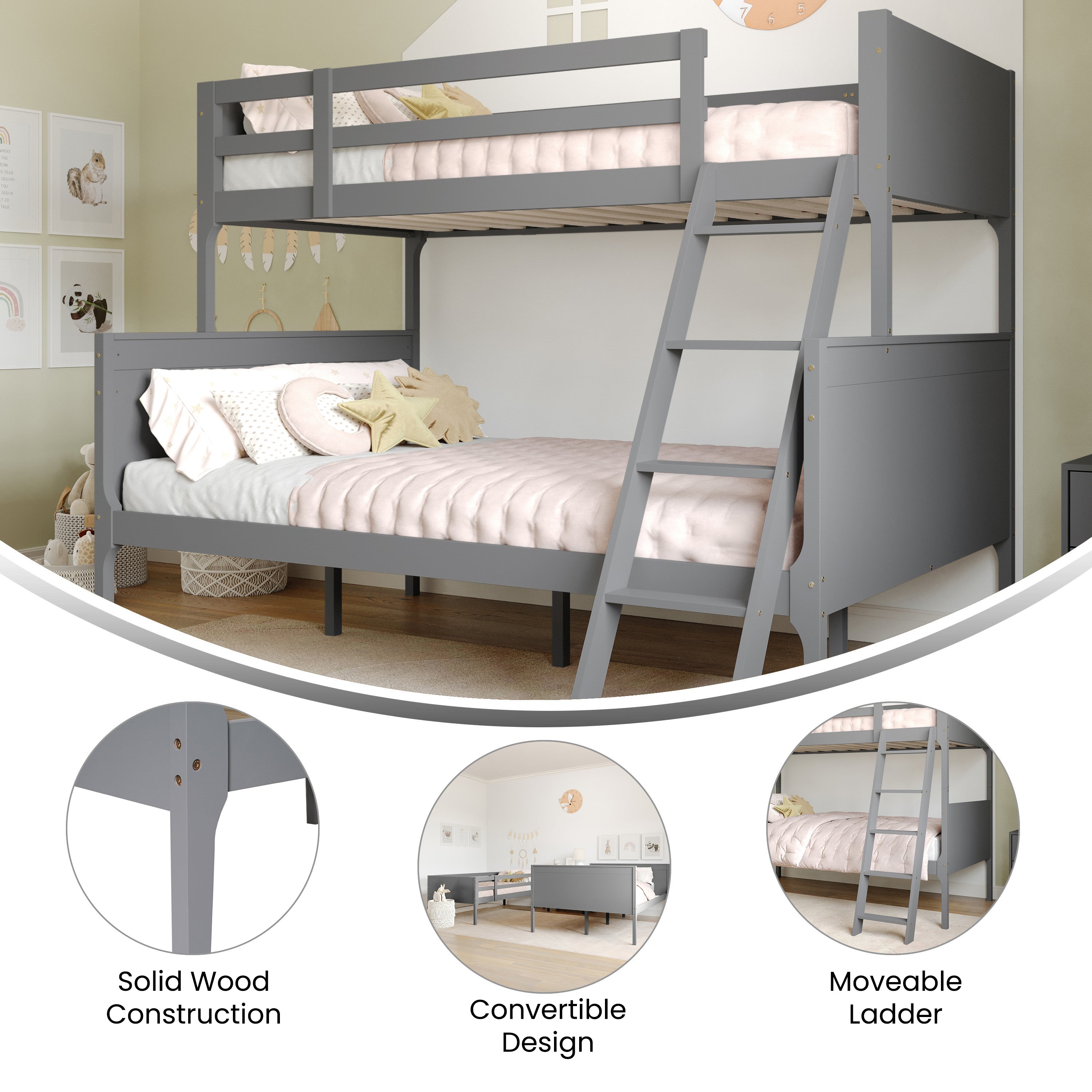 Dallas Bunk Bed Twin Over Full, Convertible Slatted Solid Wood Bunk Bed Frame with Ladder for Kids, No Box Spring Needed in Gray