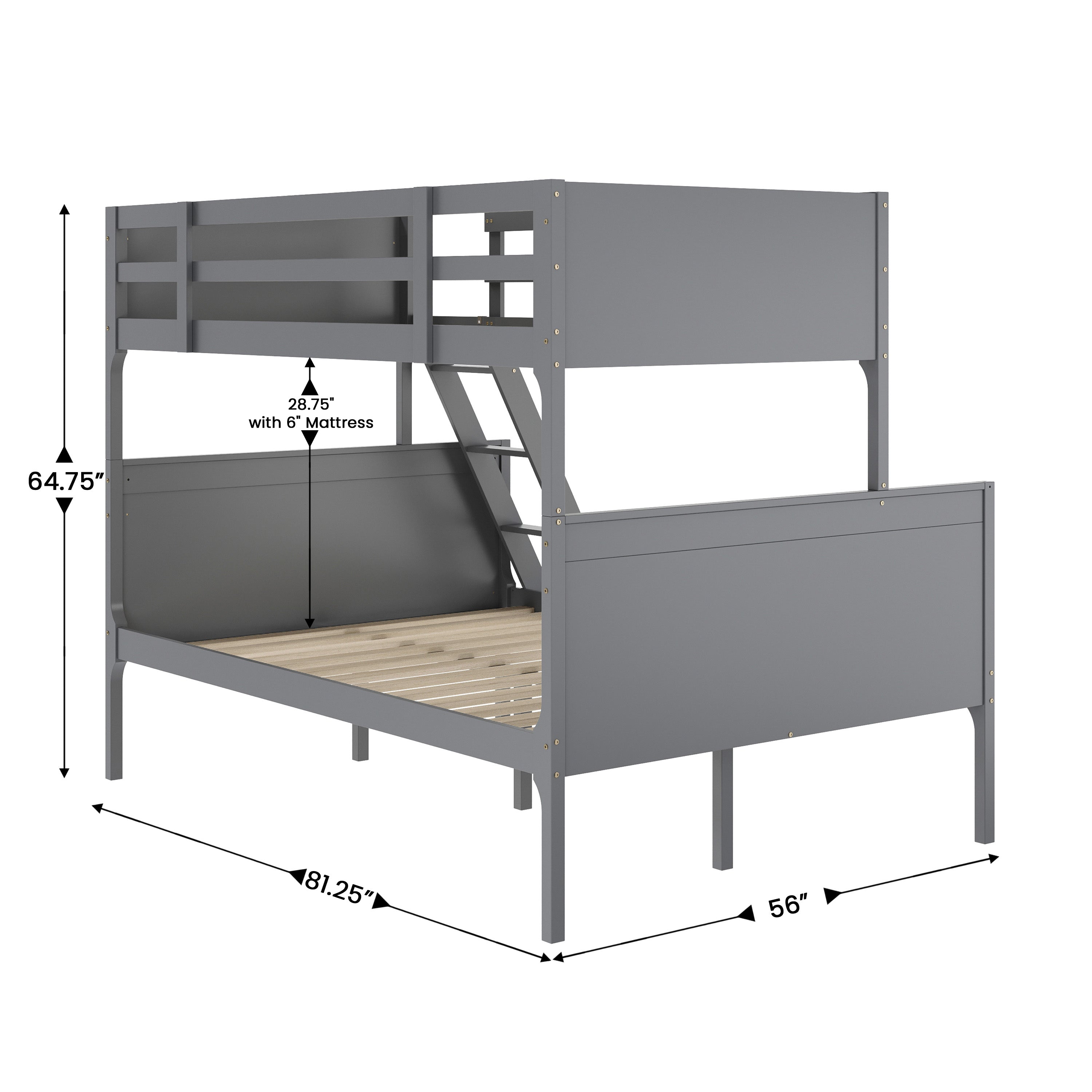 Dallas Bunk Bed Twin Over Full, Convertible Slatted Solid Wood Bunk Bed Frame with Ladder for Kids, No Box Spring Needed in Gray