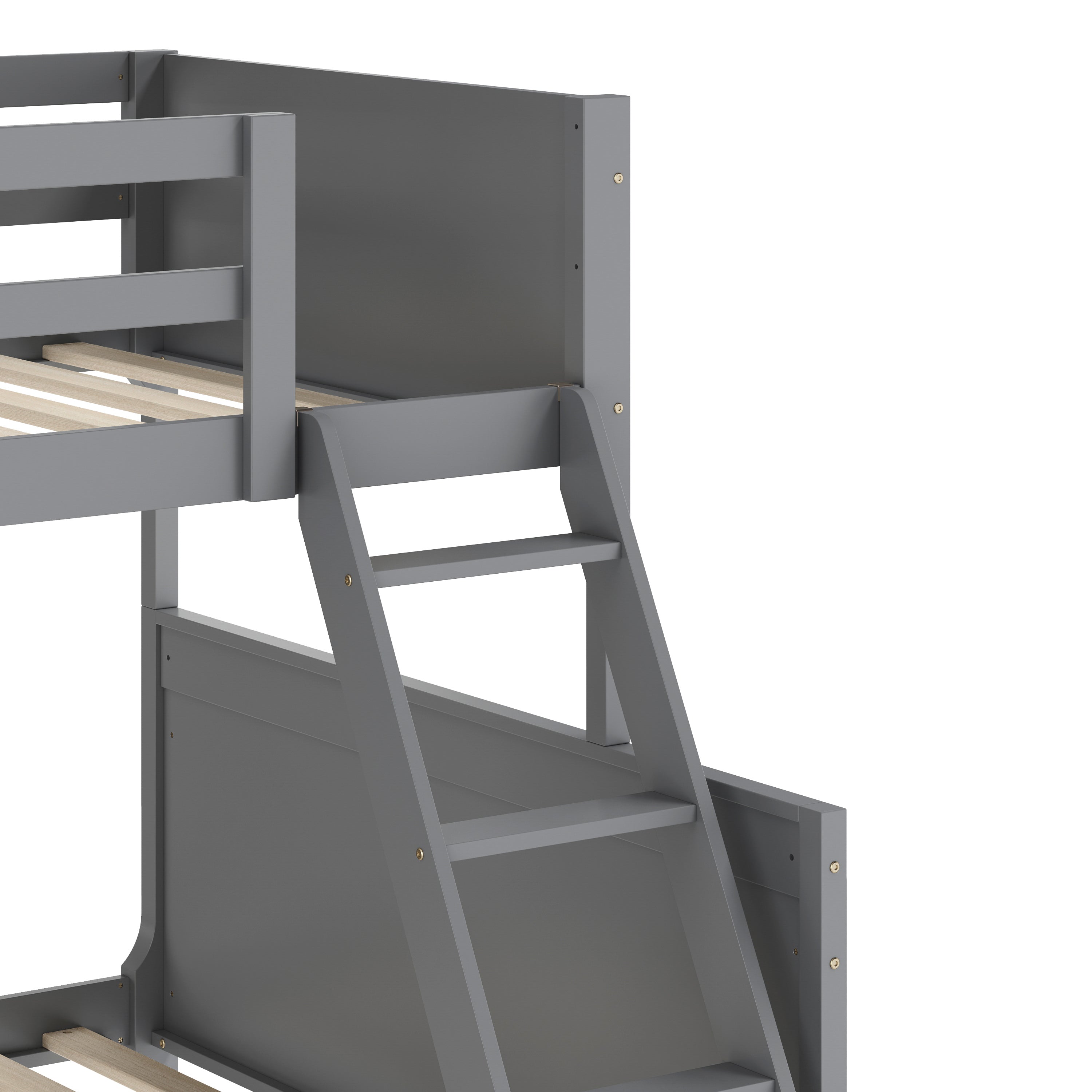 Dallas Bunk Bed Twin Over Full, Convertible Slatted Solid Wood Bunk Bed Frame with Ladder for Kids, No Box Spring Needed in Gray