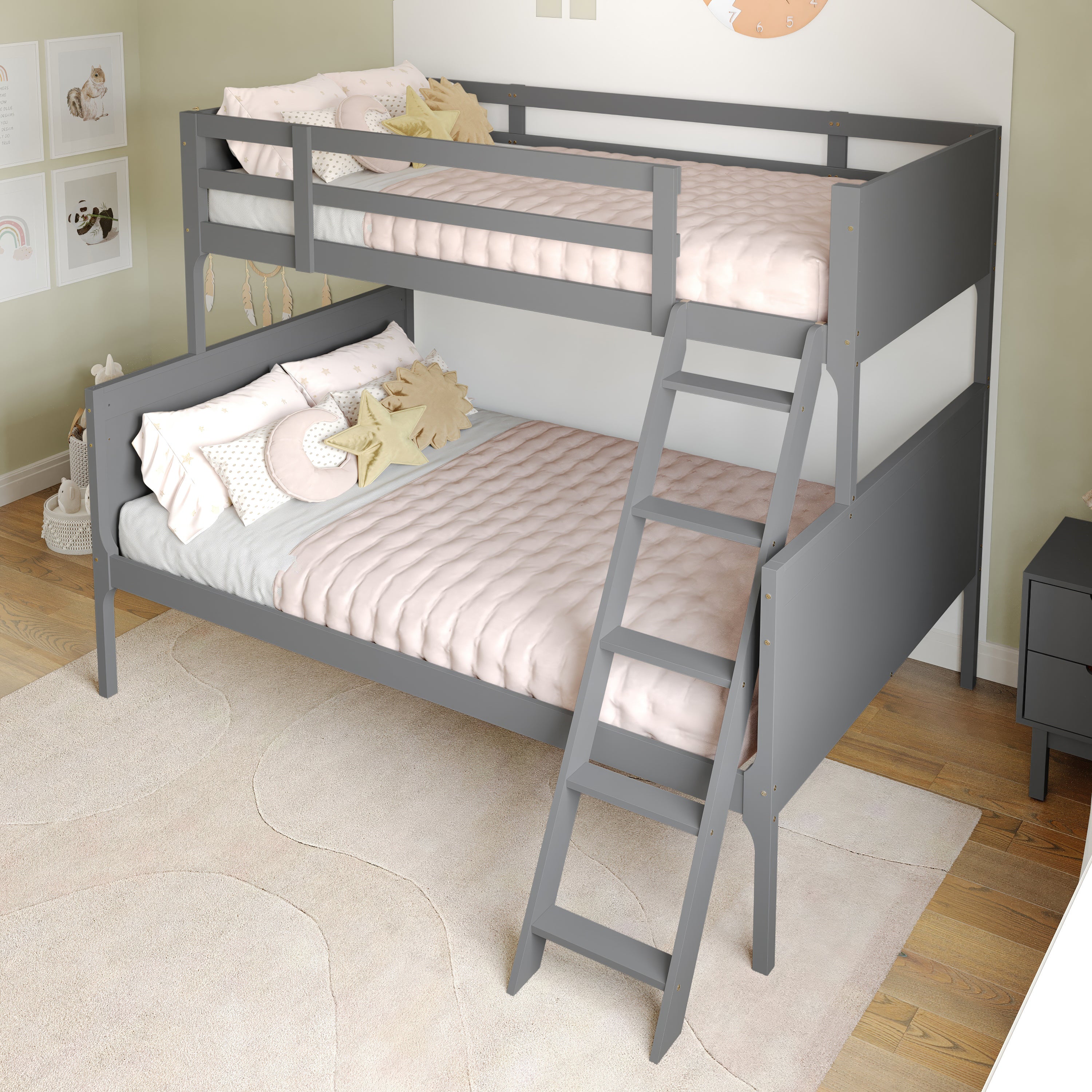 Dallas Bunk Bed Twin Over Full, Convertible Slatted Solid Wood Bunk Bed Frame with Ladder for Kids, No Box Spring Needed in Gray