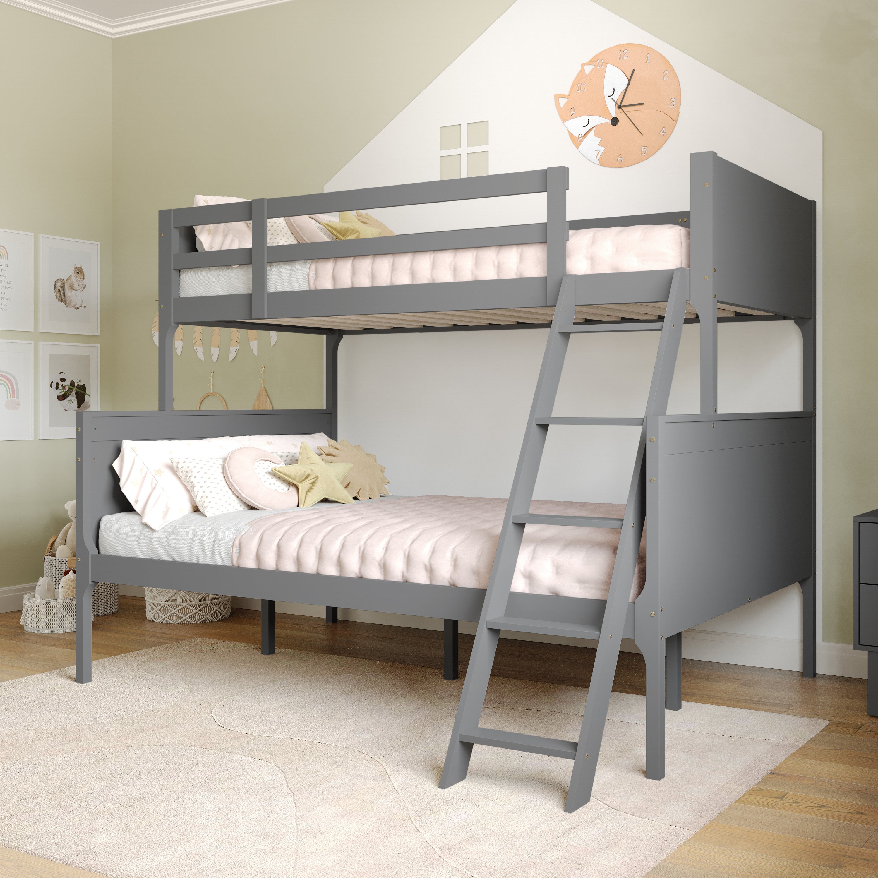 Dallas Bunk Bed Twin Over Full, Convertible Slatted Solid Wood Bunk Bed Frame with Ladder for Kids, No Box Spring Needed in Gray